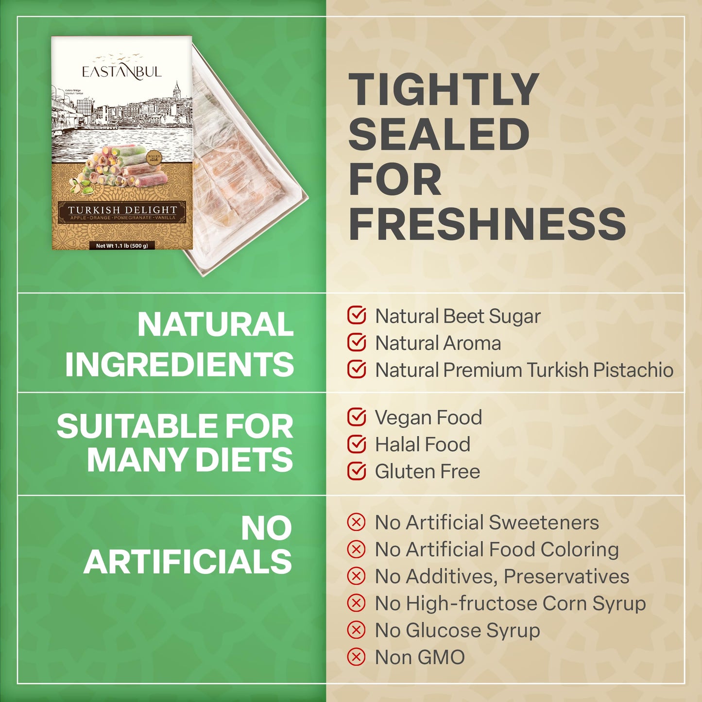 Eastanbul Turkish Delight, 17.6oz, Turkish Delights Candy Sticks Pistachio Filled w/ 4 Flavors: Apple, Orange, Pomegranate, Vanilla, International Candy, Wick Lokum, Vegan Gift