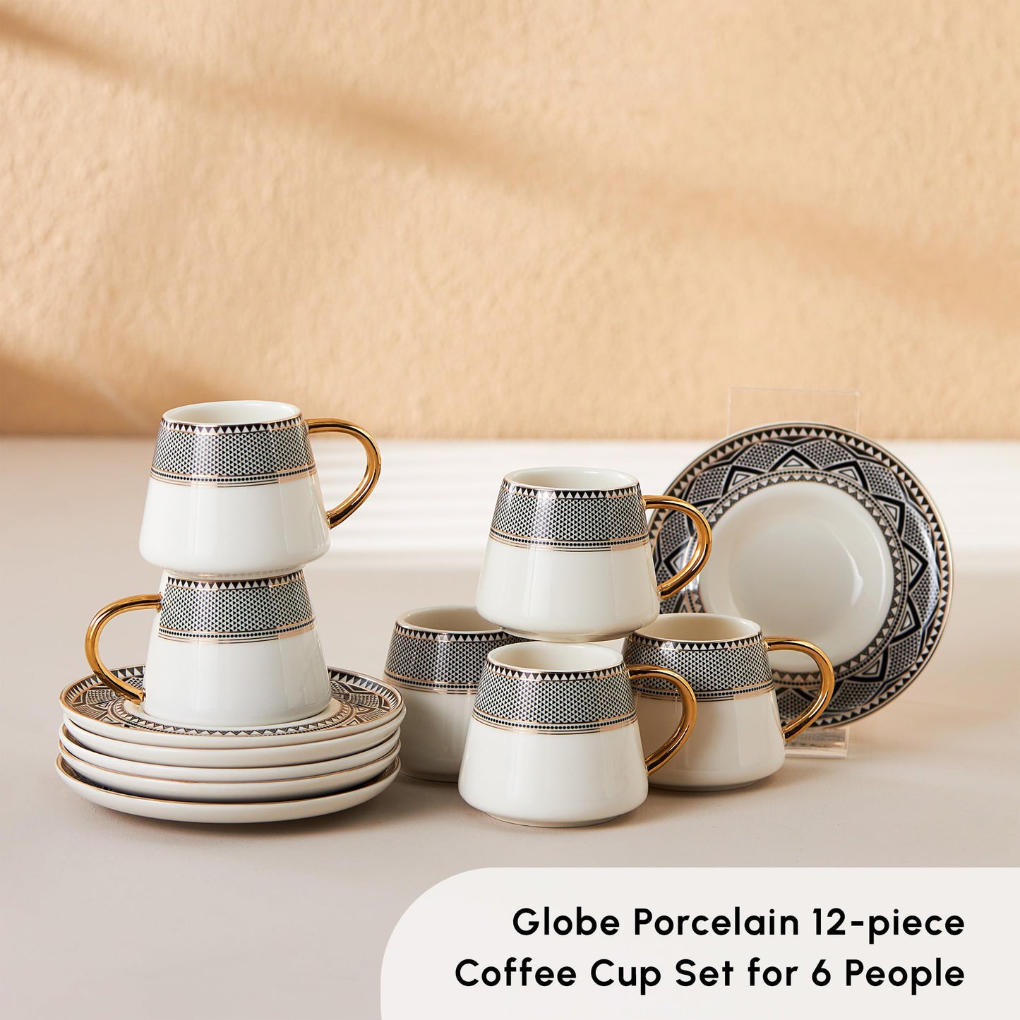 KARACA Globe Turkish Coffee Cup Set of 6, 80ml, 2.7 oz, Small Espresso Cups with Saucers, Porcelain, Black Patterns, and Gold Handles, Ideal for Serving Greek, Arabic Coffee