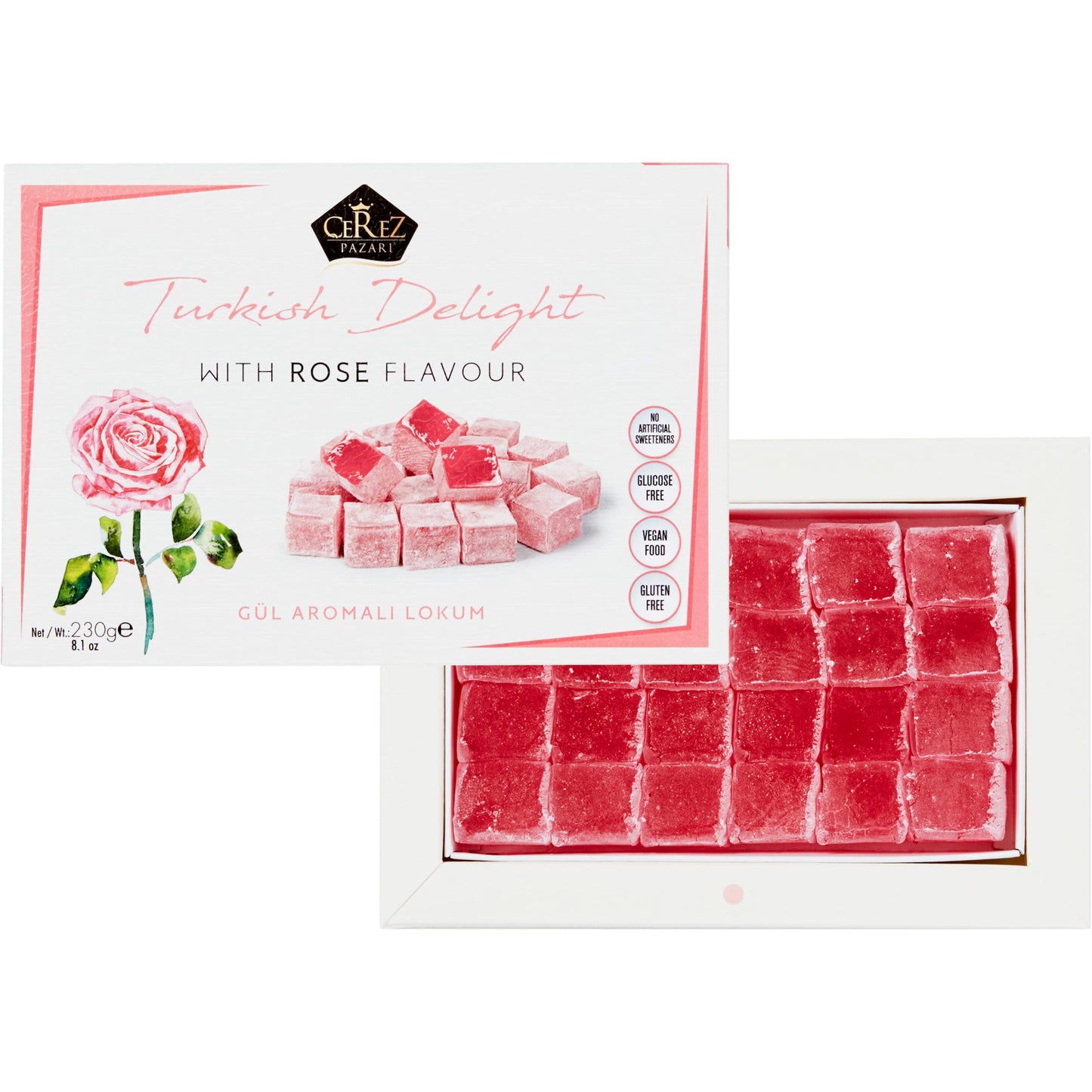 Cerez Pazari Turkish Delight with Rose Flavour 230gr Gourmet Small Size Snacks Gift Box | No Nuts Sweet Traditional Vegan Soft Candy Dessert Approx 40 Pcs