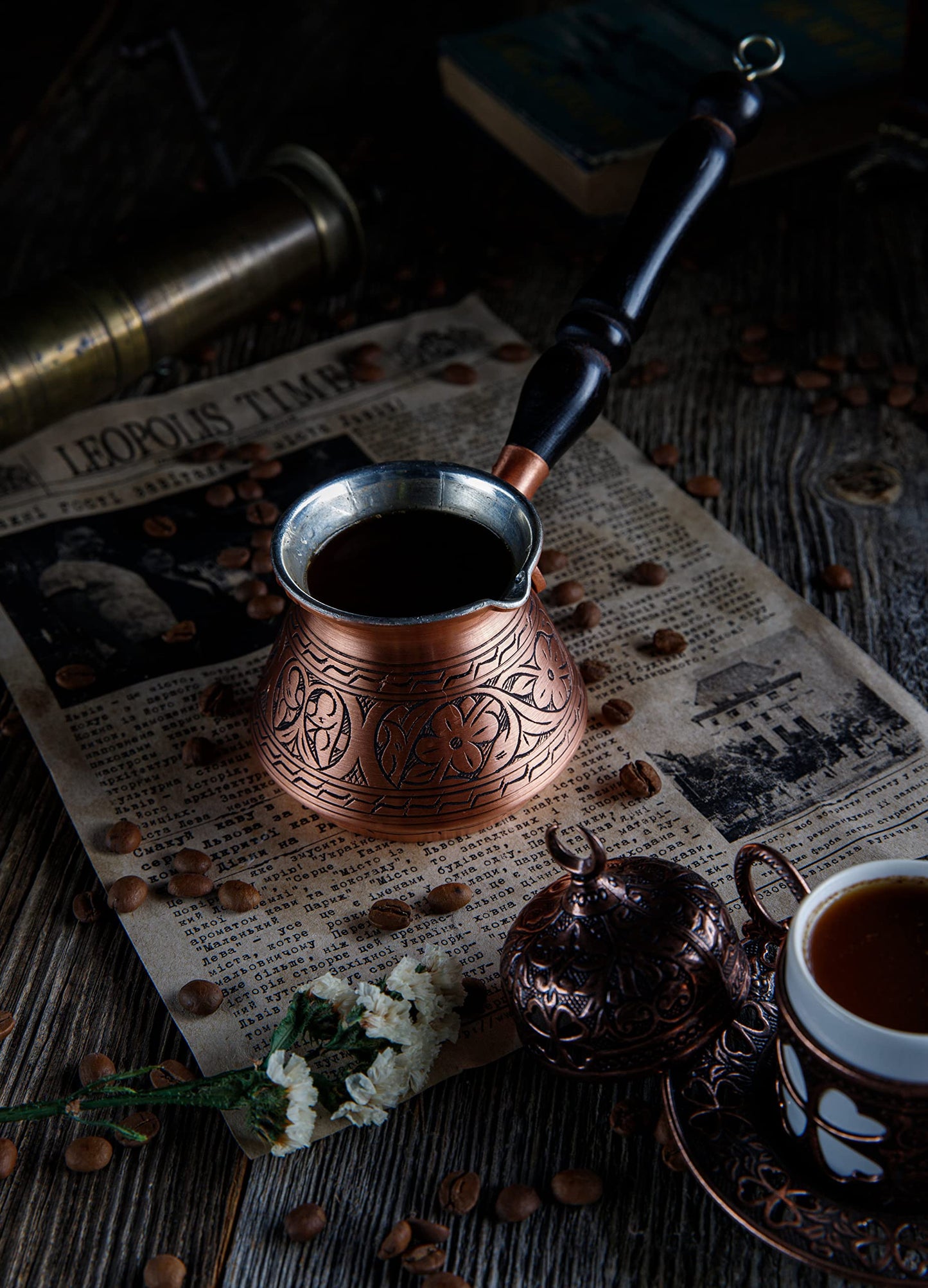 DEMMEX Thickest Engraved Solid Copper Turkish Coffee Pot – Stovetop Greek, Arabic Coffee Maker, Cezve, Ibrik, Briki – Wooden Handle & Spoon - Handmade in Turkey (Matte Copper, 9 fl Oz (3ppl))