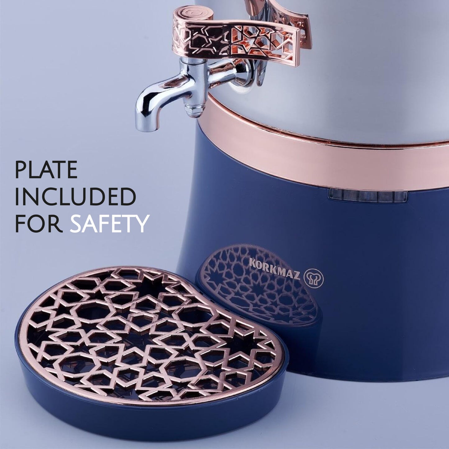 Korkmaz Hanedan A843-04 Stainless Steel Samovar, Upper Pot 1.3 L (43.9 Oz), Bottom Pot 3.5 L(118.3 Oz) Electric Turkish Tea Maker Set, Double Pots Tea Machine, Inox, Rosegold, 110 V US Plug, 5.1-Quart