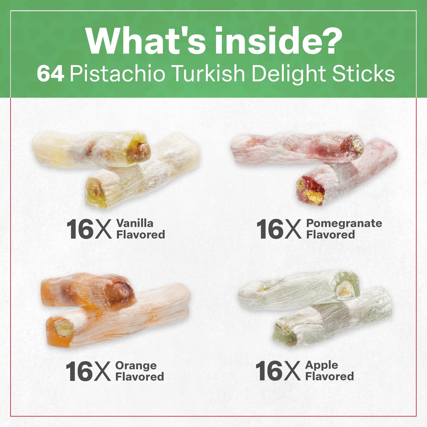 Eastanbul Turkish Delight, 17.6oz, Turkish Delights Candy Sticks Pistachio Filled w/ 4 Flavors: Apple, Orange, Pomegranate, Vanilla, International Candy, Wick Lokum, Vegan Gift