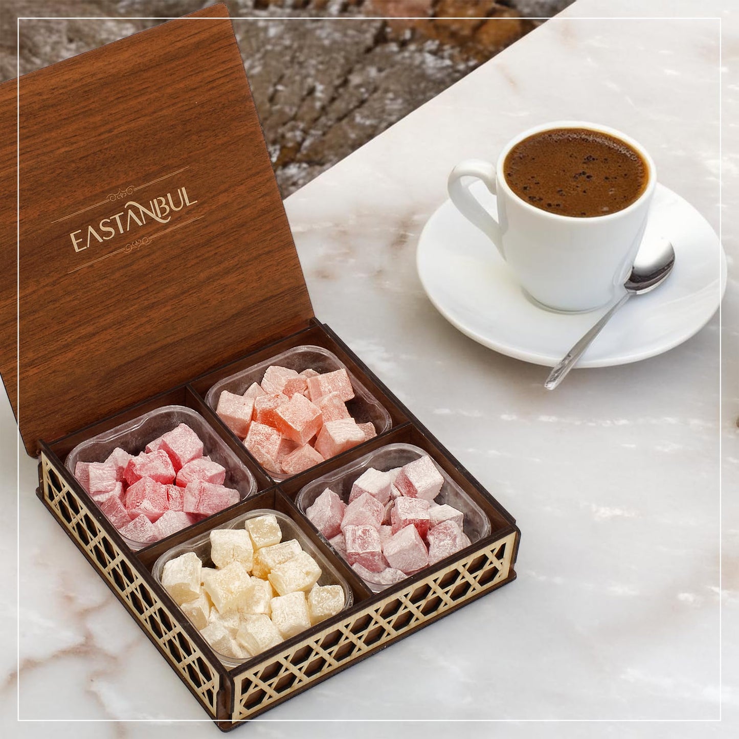 Eastanbul Turkish Delight, 35.3oz, Turkish Delights Candy, Assorted Lokum in Souvenir Wooden Gift, International Candy, Dulces de Narnia, Plain, Gluten Free, No Synthetic Ingredients, Vegan Gift