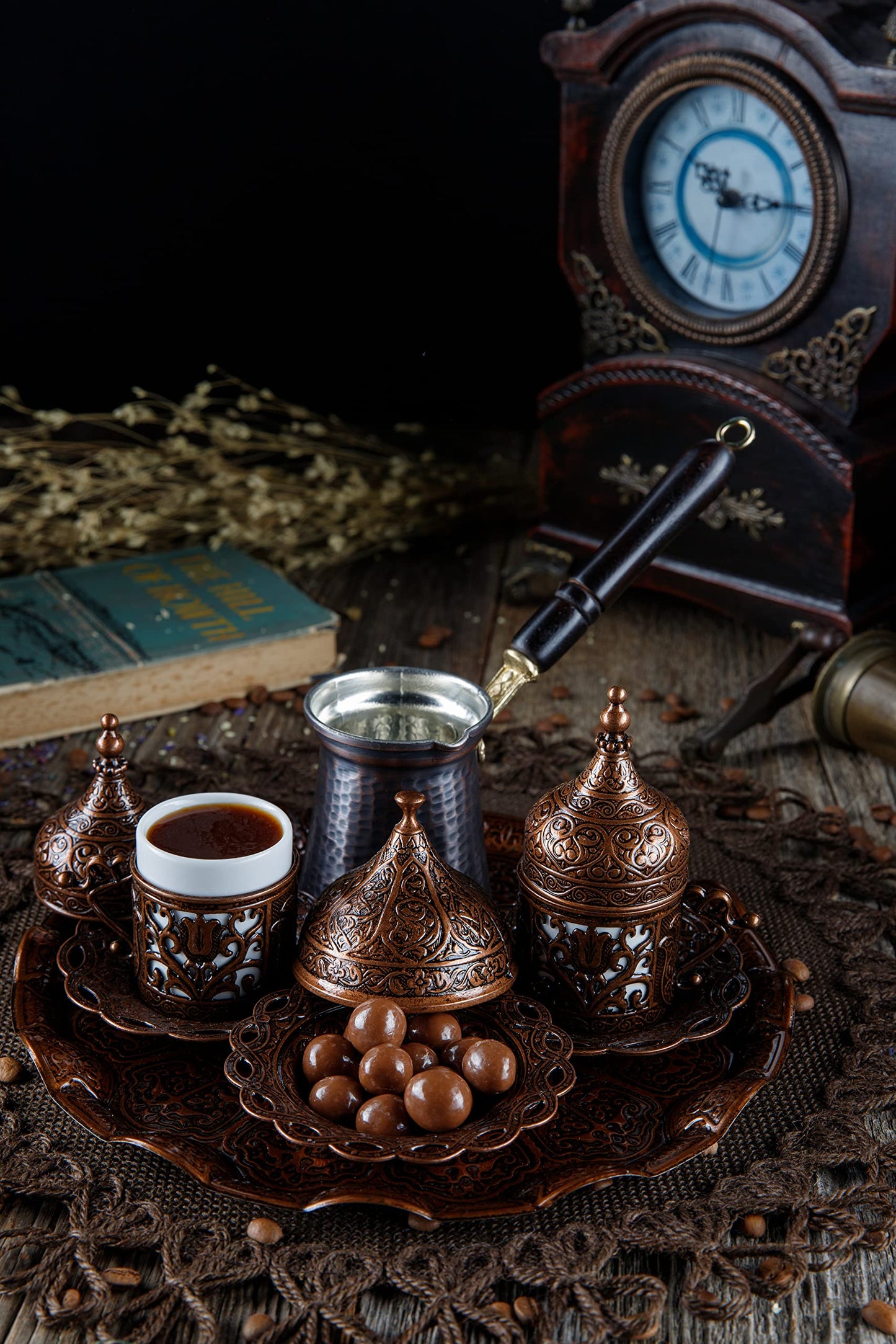 DEMMEX Turkish Greek Arabic Coffee Making and Serving Full Set with Cups, Saucers, Lids, Sugar Bowl, Tray and Antiqued Copper Coffee Pot, 12 Pcs (Chocolate)