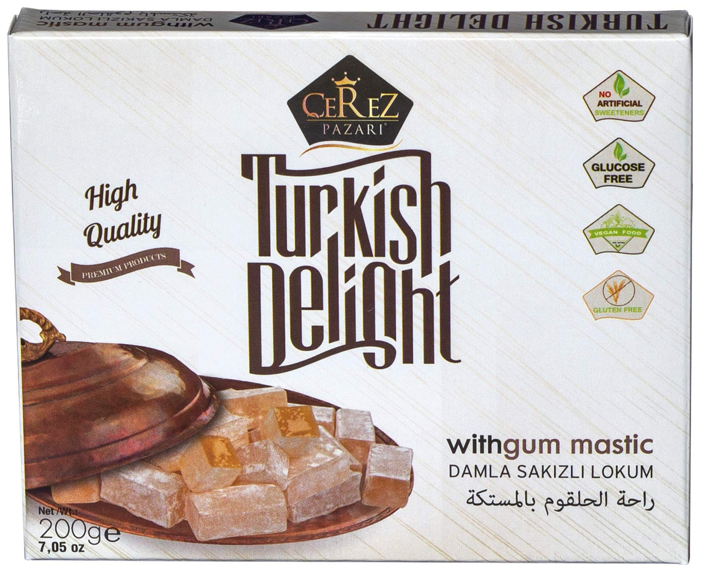 Cerez Pazari Turkish Delight with Fantastic Gum Mastic 7 oz Gourmet Small Size Snacks Gift Box | No Nuts Sweet Luxury Traditional Confectionery Vegan Soft Candy Dessert Glucose Free Lokum (Loukoumi) Approx.18 Pcs