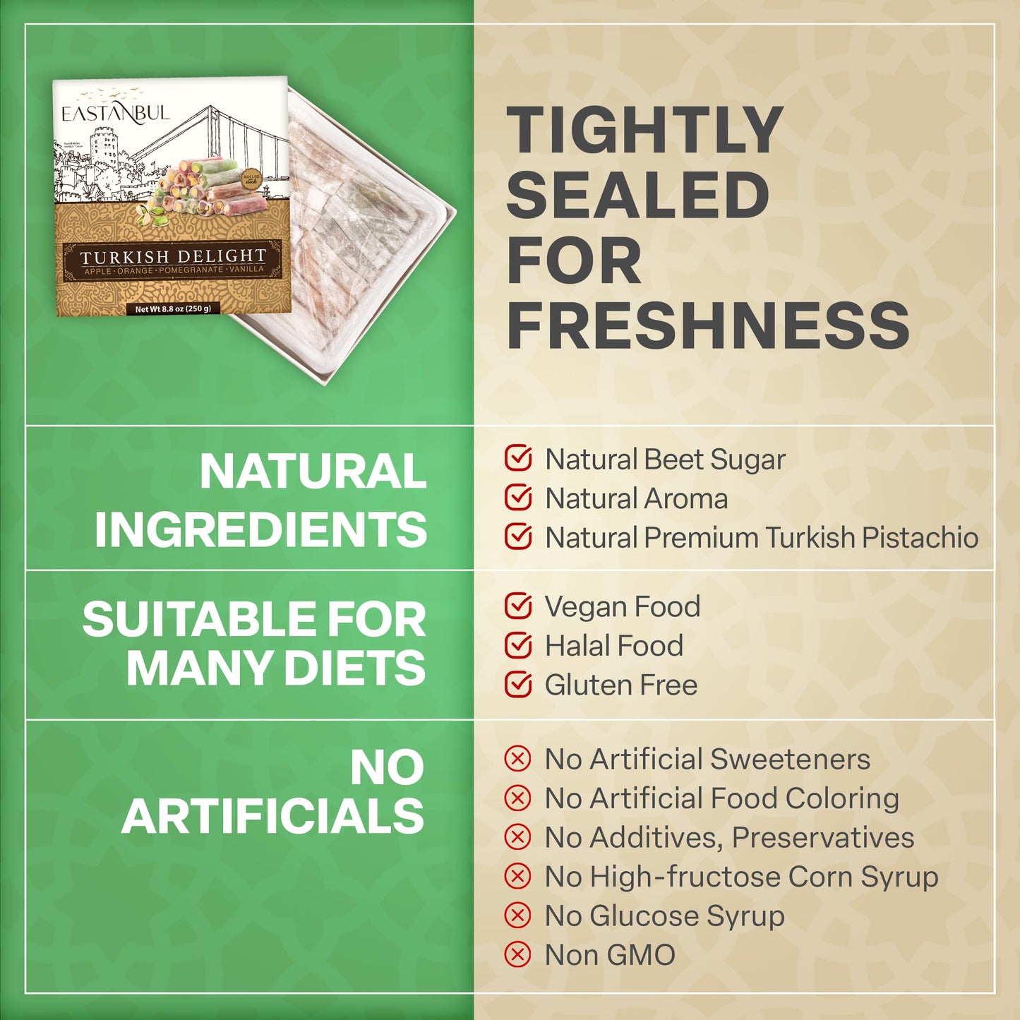 Eastanbul Turkish Delight, 8.8oz, Turkish Delights Candy Sticks Pistachio Filled w/ 4 Flavors: Apple, Orange, Pomegranate, Vanilla, International Candy, Wick Lokum, Vegan Gift