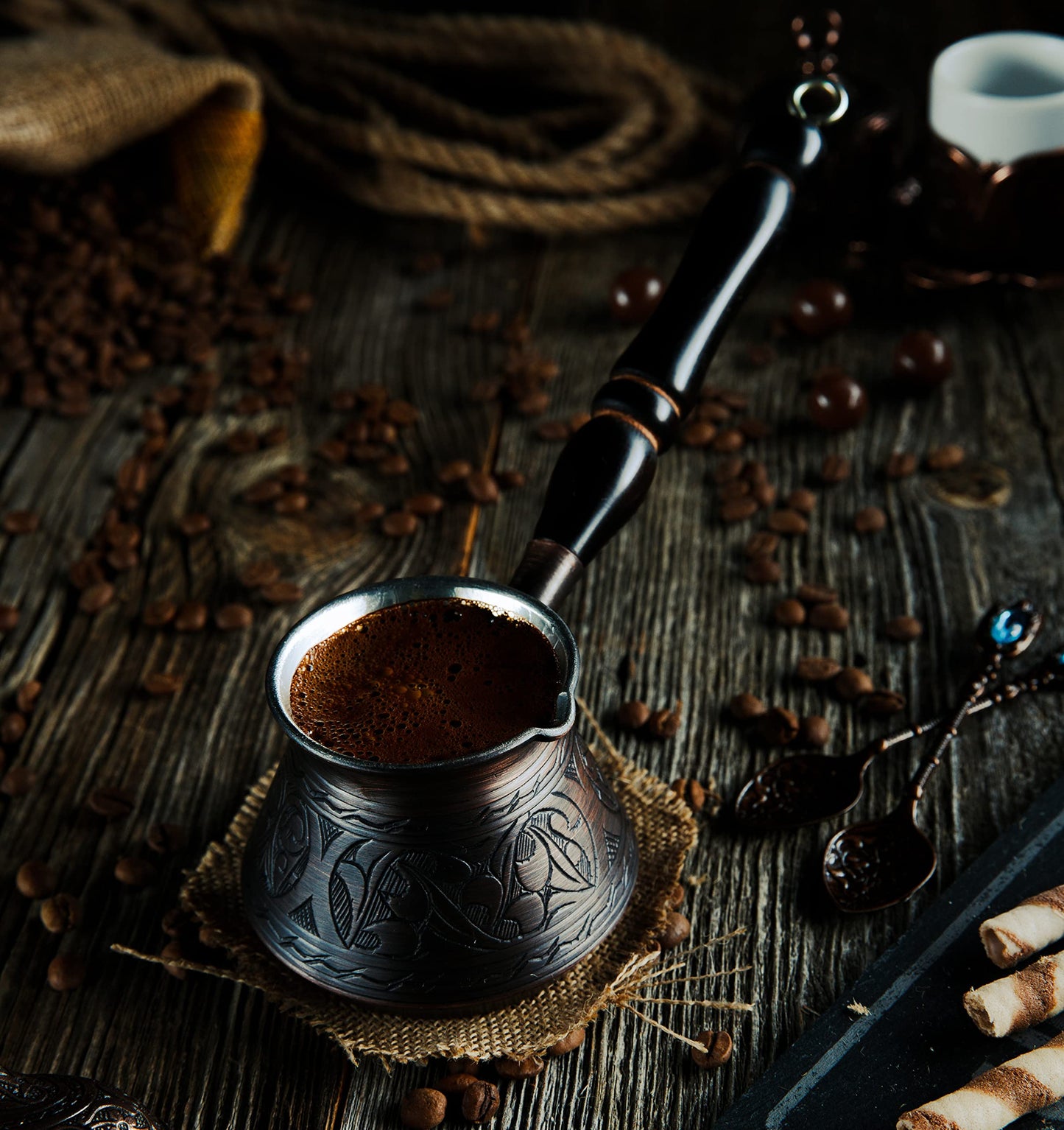 DEMMEX Thickest Engraved Solid Copper Turkish Coffee Pot – Stovetop Greek, Arabic Coffee Maker, Cezve, Ibrik, Briki – Wooden Handle & Spoon - Handmade in Turkey (Antique Copper, 9 fl Oz (3ppl))