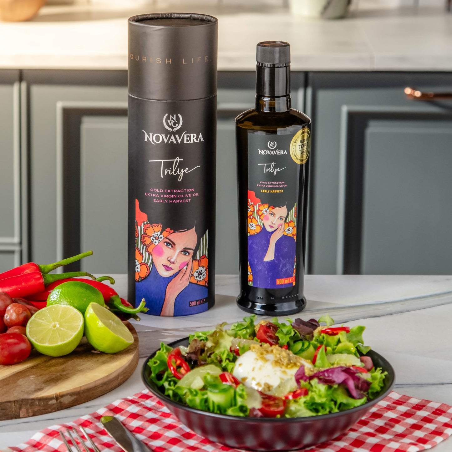 NVG NOVAVERA Trilye Polyphenol Rich Olive Oil, Medium, Pungency and Fruitiness With a Peppery Finish Extra Virgin Olive Oil, Evoo World Ranking Top 5, Low Acidity, Organic Agriculture , Early Harvest, Cold Pressed, 16.9 oz