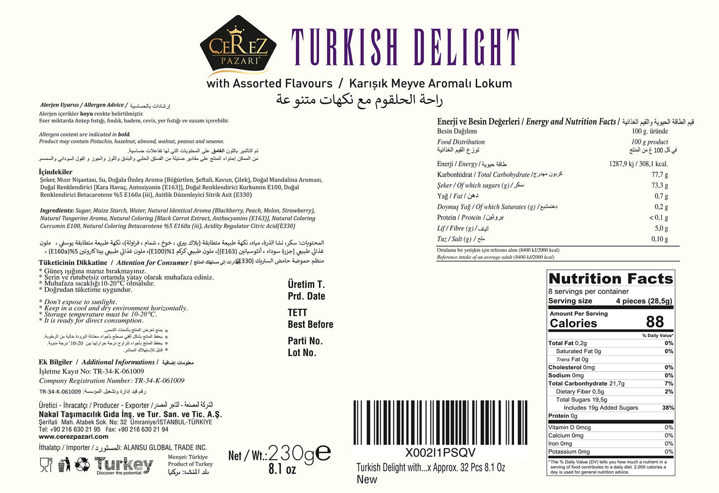 Cerez Pazari Turkish Delights Candy With Assorted Mix Flavors, Vegan Fruit Snacks Gift Box, Sweet Luxury Traditional Confectionery Lokum, Loukoumi With No Nuts, 8.1 oz.