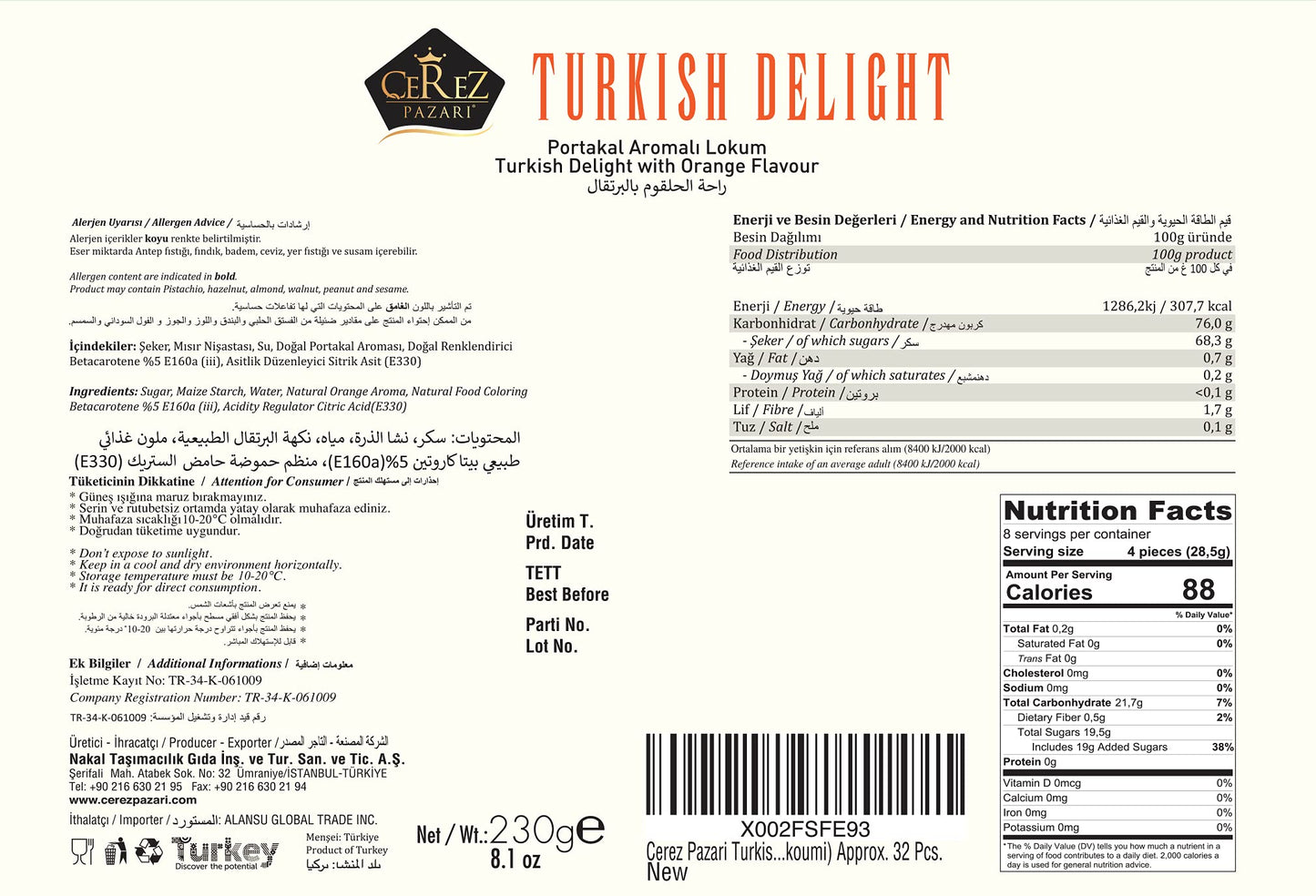 Cerez Pazari Turkish Delight Orange Flavor, Gourmet Small Size Snacks Gift Box, Sweet Traditional Confectionery, Vegan Soft Candy Dessert Loukoumi, Nut & Glucose-Free Lokum, Approx. 40 Pcs, 8.1 oz.