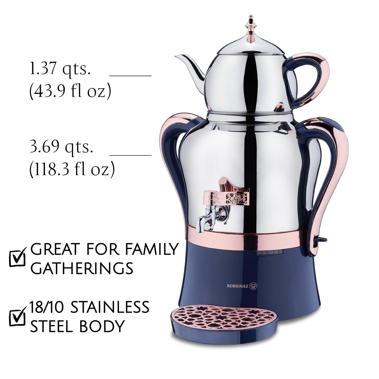 Korkmaz Hanedan A843-04 Stainless Steel Samovar, Upper Pot 1.3 L (43.9 Oz), Bottom Pot 3.5 L(118.3 Oz) Electric Turkish Tea Maker Set, Double Pots Tea Machine, Inox, Rosegold, 110 V US Plug, 5.1-Quart