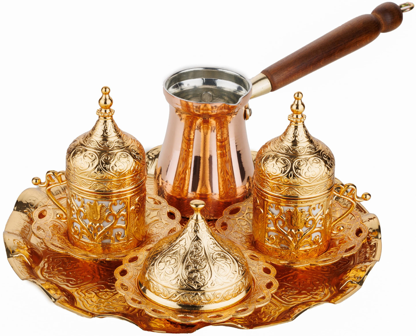 DEMMEX Turkish Greek Arabic Coffee Making and Serving Full Set with Cups Saucers Lids Sugar Bowl Tray and Copper Coffee Pot, 12 Pcs (Gold)