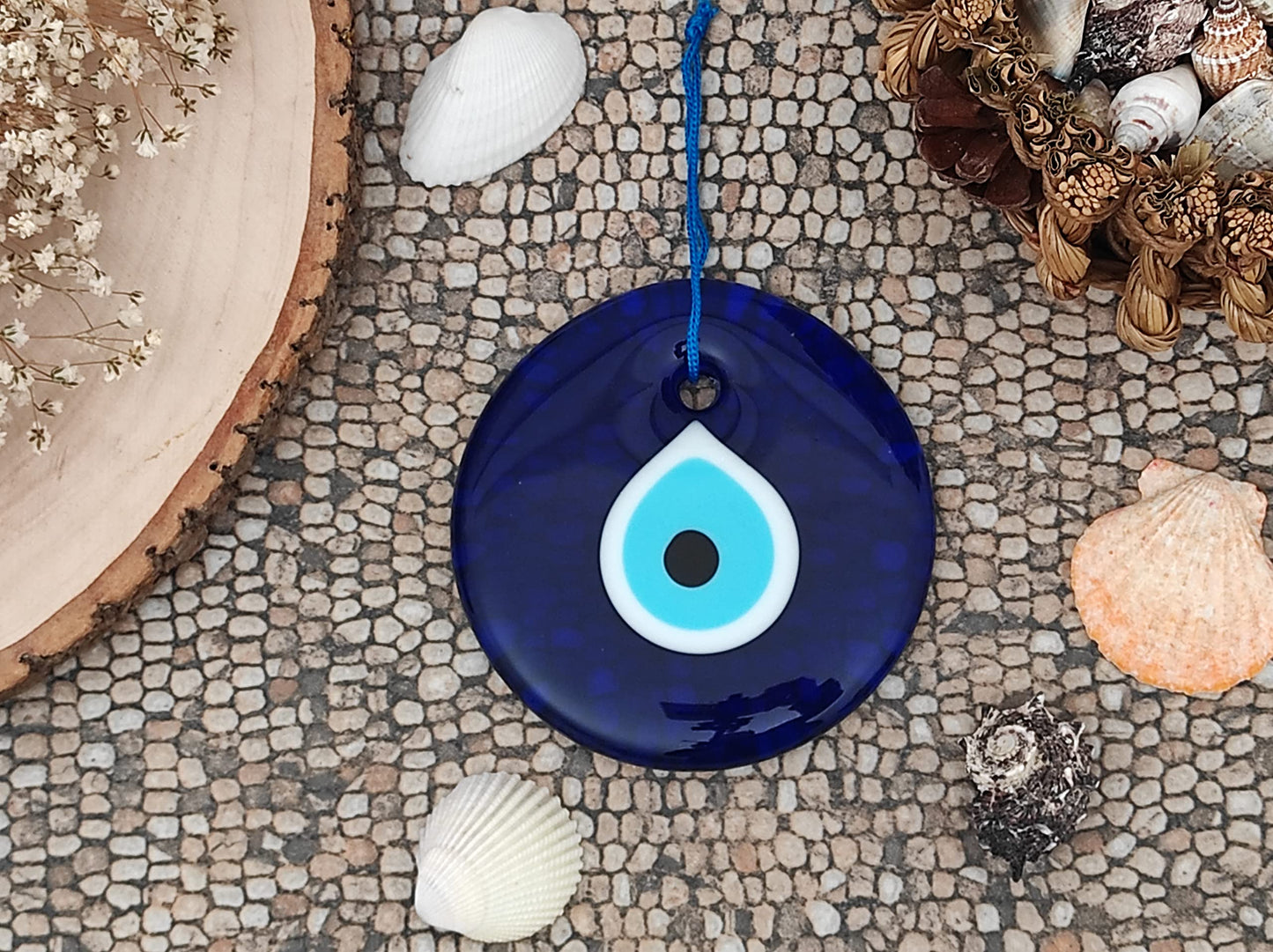 Erbulus 4.3" Glass Blue Evil Eye Wall Hanging Ornament - Turkish Handmade Nazar Amulet - Home Protection Charm - Wall Decor in a Box