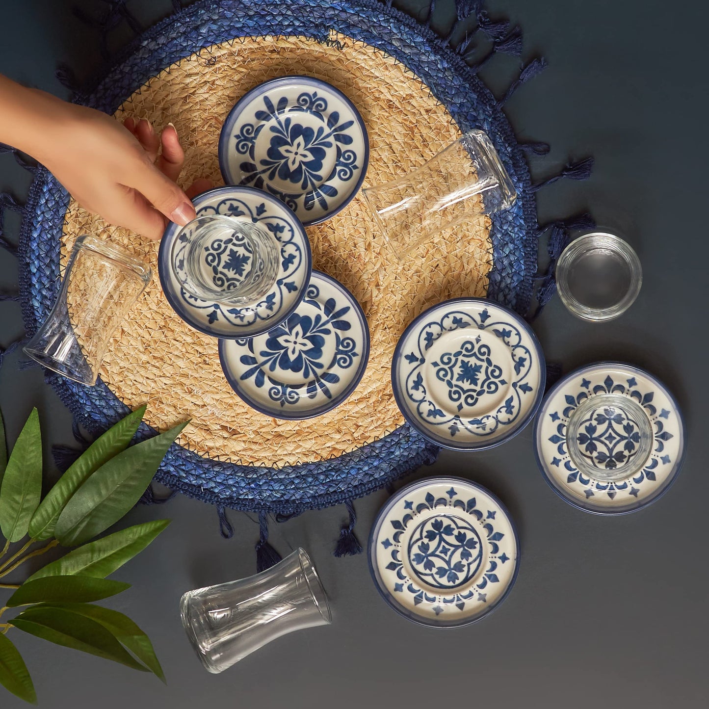 Karaca Zeher Blue Tea Service Set for 6 Person, Tea Glasses Set, 12 Pieces, Turkish Tea, Tea Glasses with Stoneware Saucers