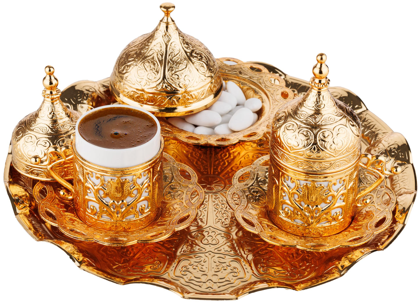 DEMMEX Turkish Greek Arabic Coffee Making and Serving Full Set with Cups Saucers Lids Sugar Bowl Tray and Copper Coffee Pot, 12 Pcs (Gold)