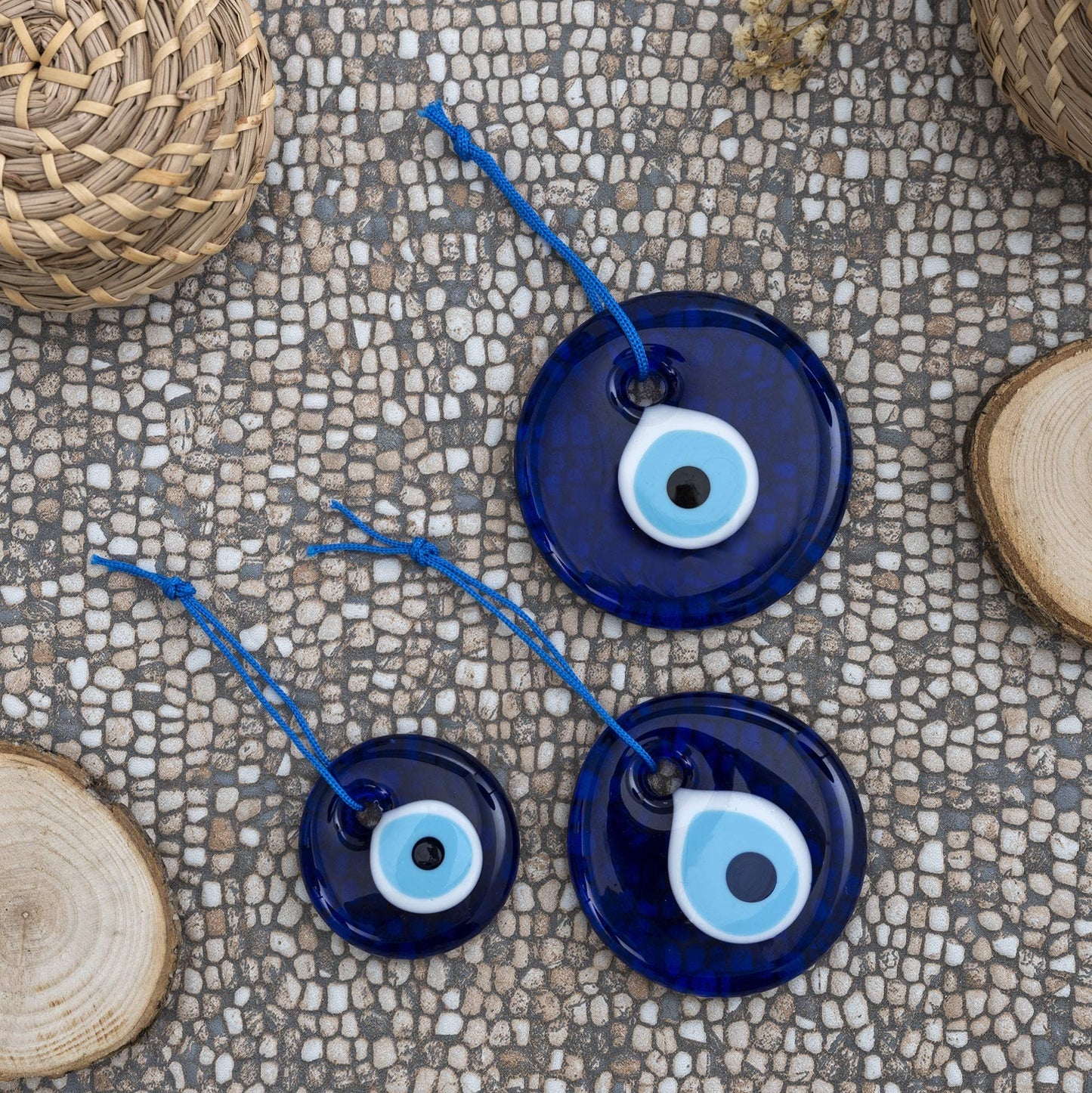 Erbulus Turkish Blue Evil Eye Wall Hanging Ornament - Turkish Nazar Beads - Ojo Turco - Triple Evil Eye Home Protection Charm Set of 3 - Wall Decor Amulet in a Box (Blue)