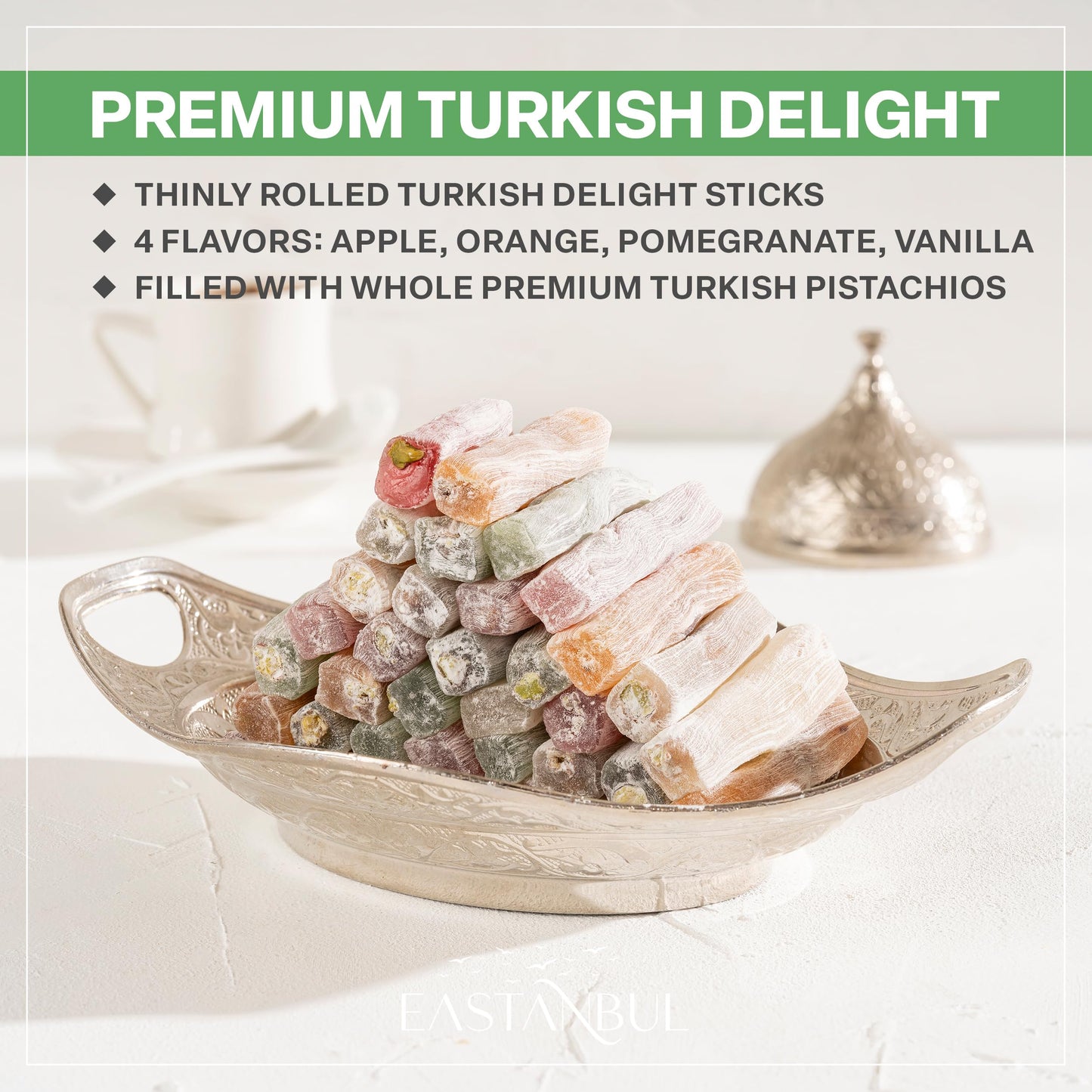 Eastanbul Turkish Delight, 8.8oz, Turkish Delights Candy Sticks Pistachio Filled w/ 4 Flavors: Apple, Orange, Pomegranate, Vanilla, International Candy, Wick Lokum, Vegan Gift