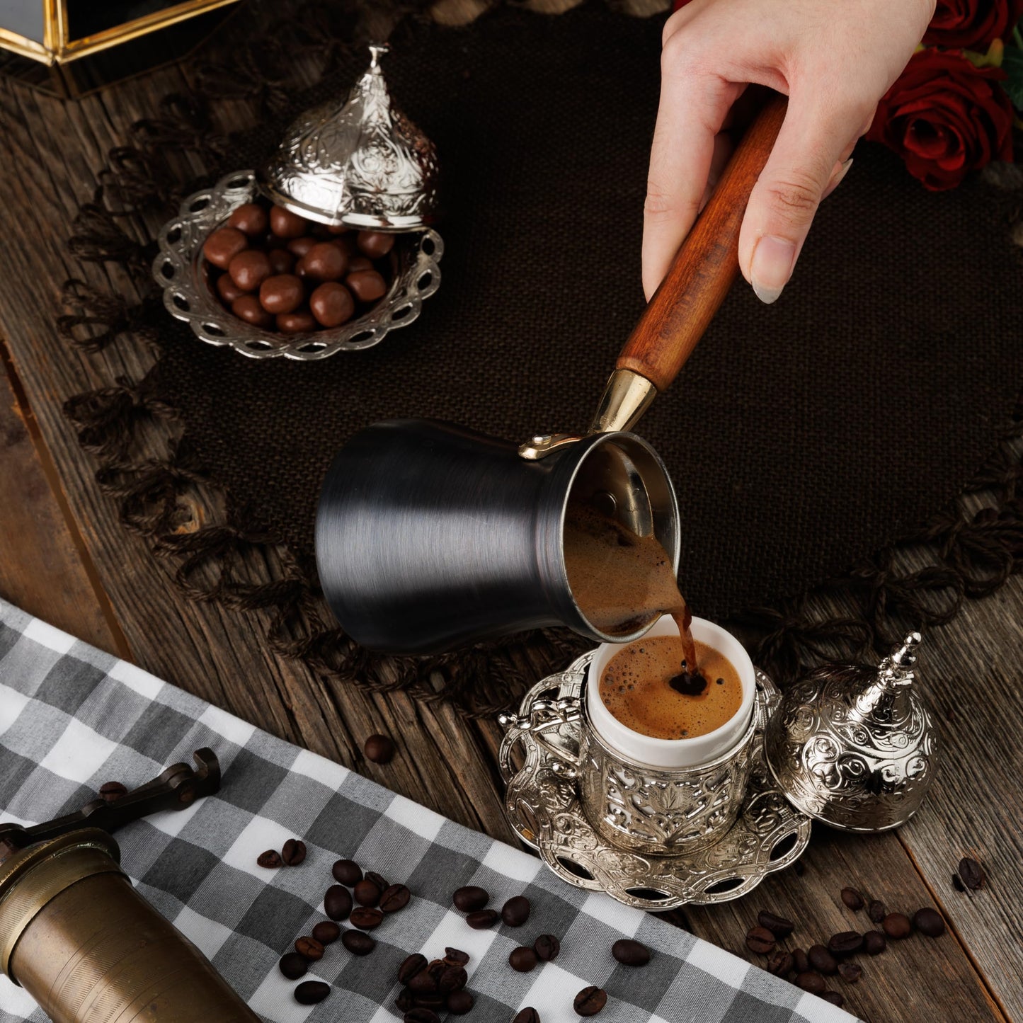 DEMMEX Turkish Greek Arabic Coffee Making and Serving Full Set with Cups, Saucers, Lids, Sugar Bowl, Tray and Antiqued Copper Coffee Pot, 12 Pcs (Silver)