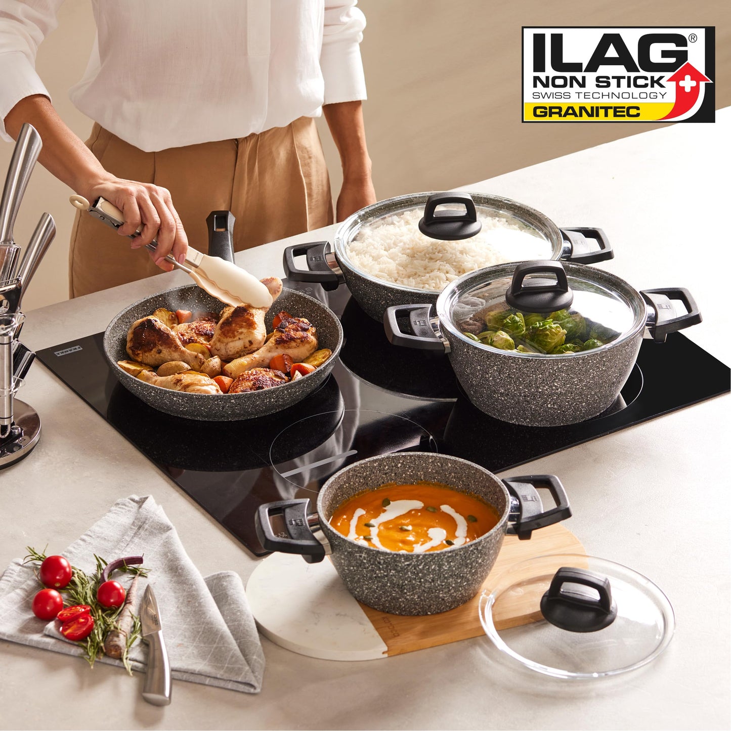 Karaca Gris BioGranite 7 Piece Granite Cookware Pot and Pan Set, Non-Stick Coating, Dishwasher-Safe & Induction Pot Set, Granite Pots and Pans, 3 Pots with 3 Glass Lids and 1 Frying Pan