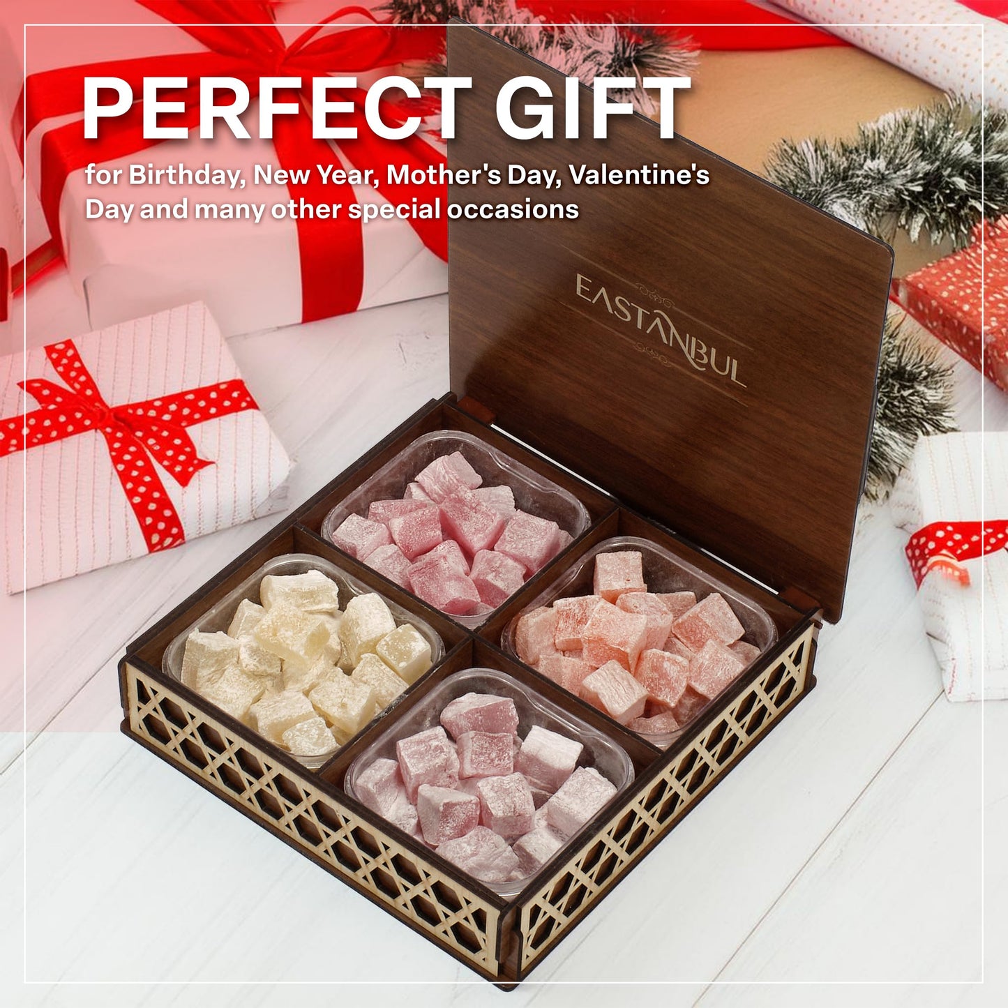 Eastanbul Turkish Delight, 35.3oz, Turkish Delights Candy, Assorted Lokum in Souvenir Wooden Gift, International Candy, Dulces de Narnia, Plain, Gluten Free, No Synthetic Ingredients, Vegan Gift