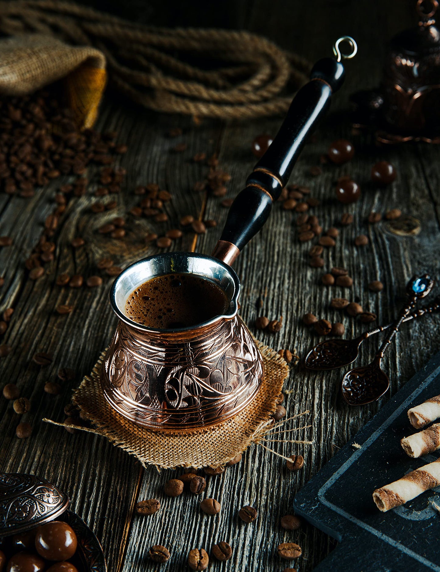 DEMMEX Thickest Copper Turkish Greek Arabic Coffee Pot, Stovetop Coffee Maker, Cezve Ibrik Briki with Wooden Handle & Spoon, Hand Engraved (Copper, 9 fl Oz-3 ppl)