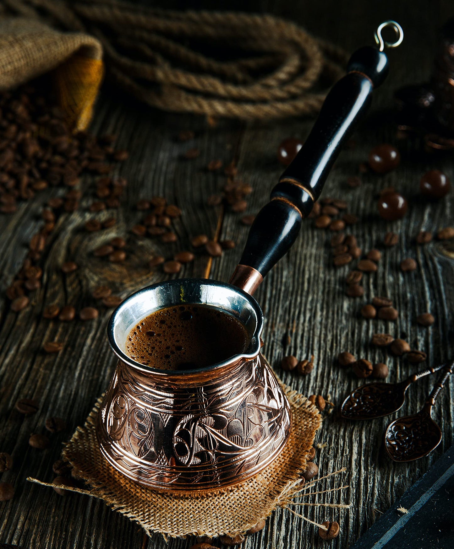 DEMMEX Thickest Copper Turkish Greek Arabic Coffee Pot, Stovetop Coffee Maker, Cezve Ibrik Briki with Wooden Handle & Spoon, Hand Engraved (Copper, 9 fl Oz-3 ppl)