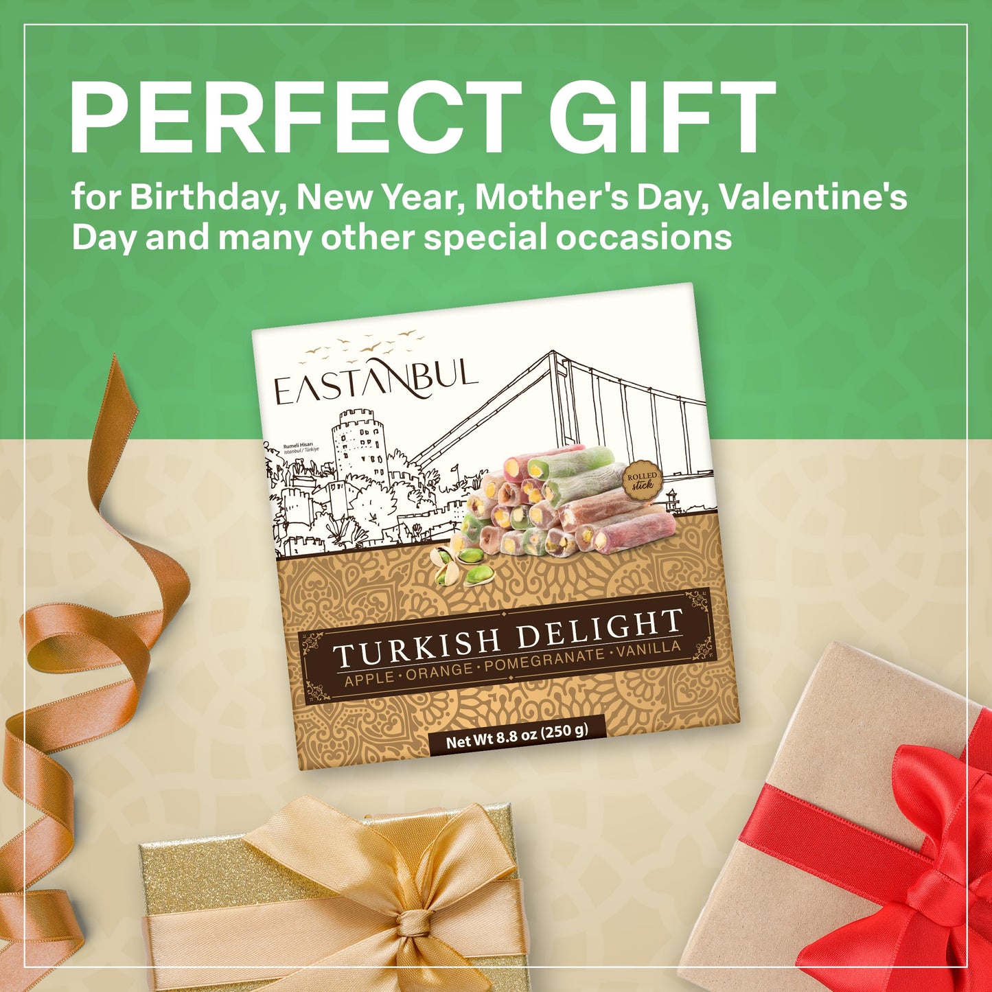 Eastanbul Turkish Delight, 8.8oz, Turkish Delights Candy Sticks Pistachio Filled w/ 4 Flavors: Apple, Orange, Pomegranate, Vanilla, International Candy, Wick Lokum, Vegan Gift