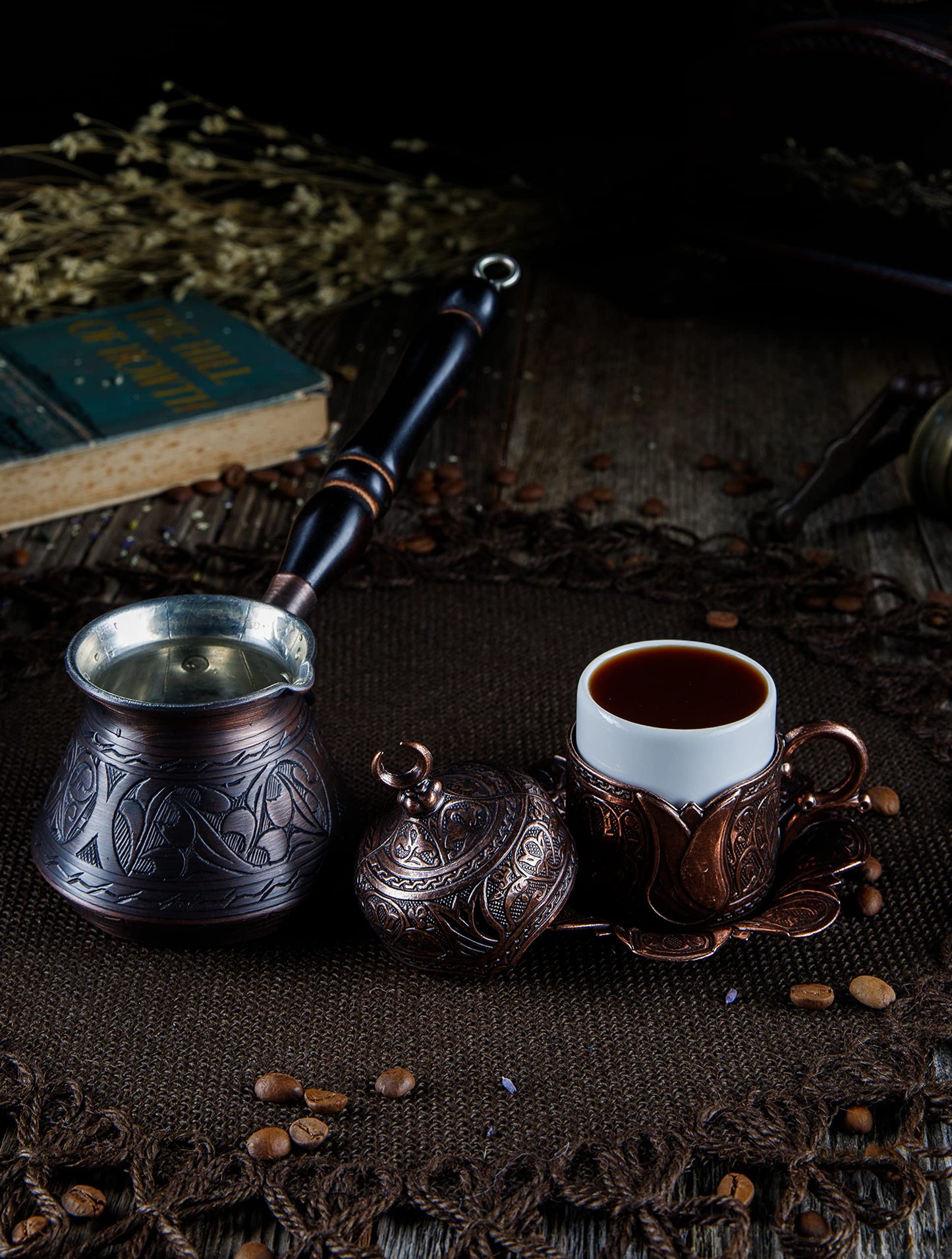 DEMMEX Thickest Engraved Solid Copper Turkish Coffee Pot – Stovetop Greek, Arabic Coffee Maker, Cezve, Ibrik, Briki – Wooden Handle & Spoon - Handmade in Turkey (Antique Copper, 9 fl Oz (3ppl))