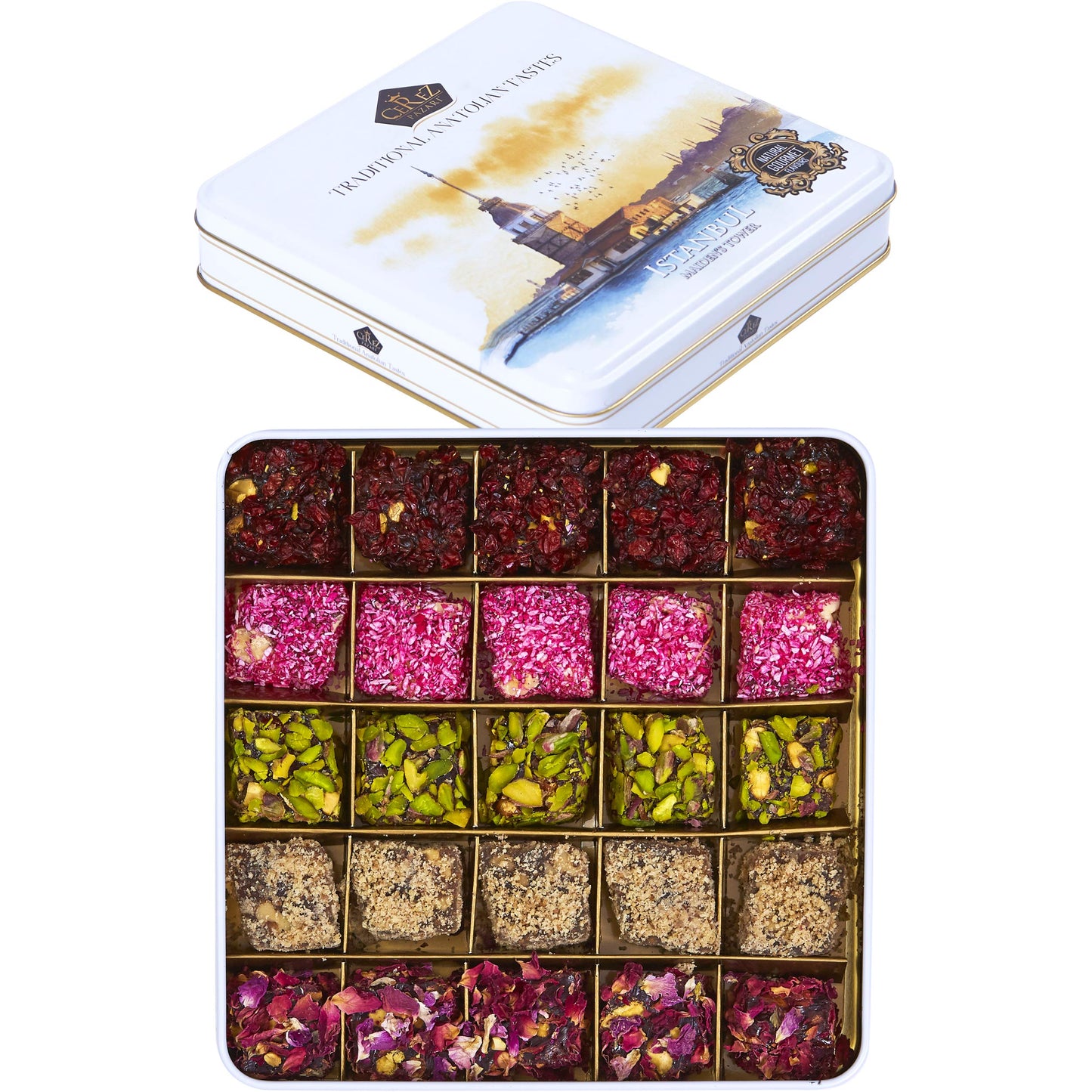 Cerez Pazari Turkish Delight In 4 Flavours, With Pistachio, Hazelnut & Walnut, Assorted Gourmet Lokum In Elegant Tin Gift Box, Sweet Traditional Soft Candy Dessert 25 Pcs, 1.1 lb (500g)