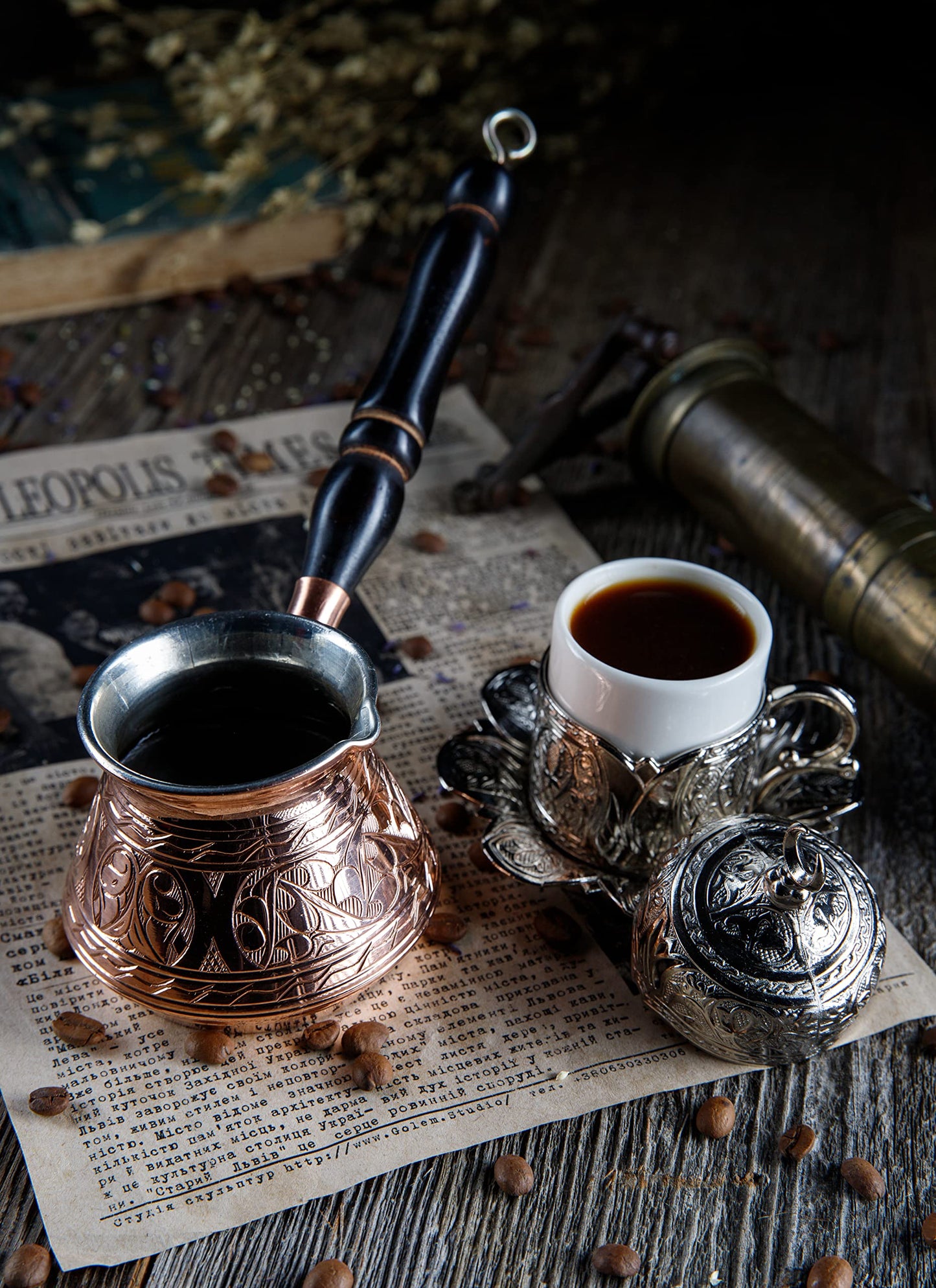 DEMMEX Thickest Copper Turkish Greek Arabic Coffee Pot, Stovetop Coffee Maker, Cezve Ibrik Briki with Wooden Handle & Spoon, Hand Engraved (Copper, 9 fl Oz-3 ppl)