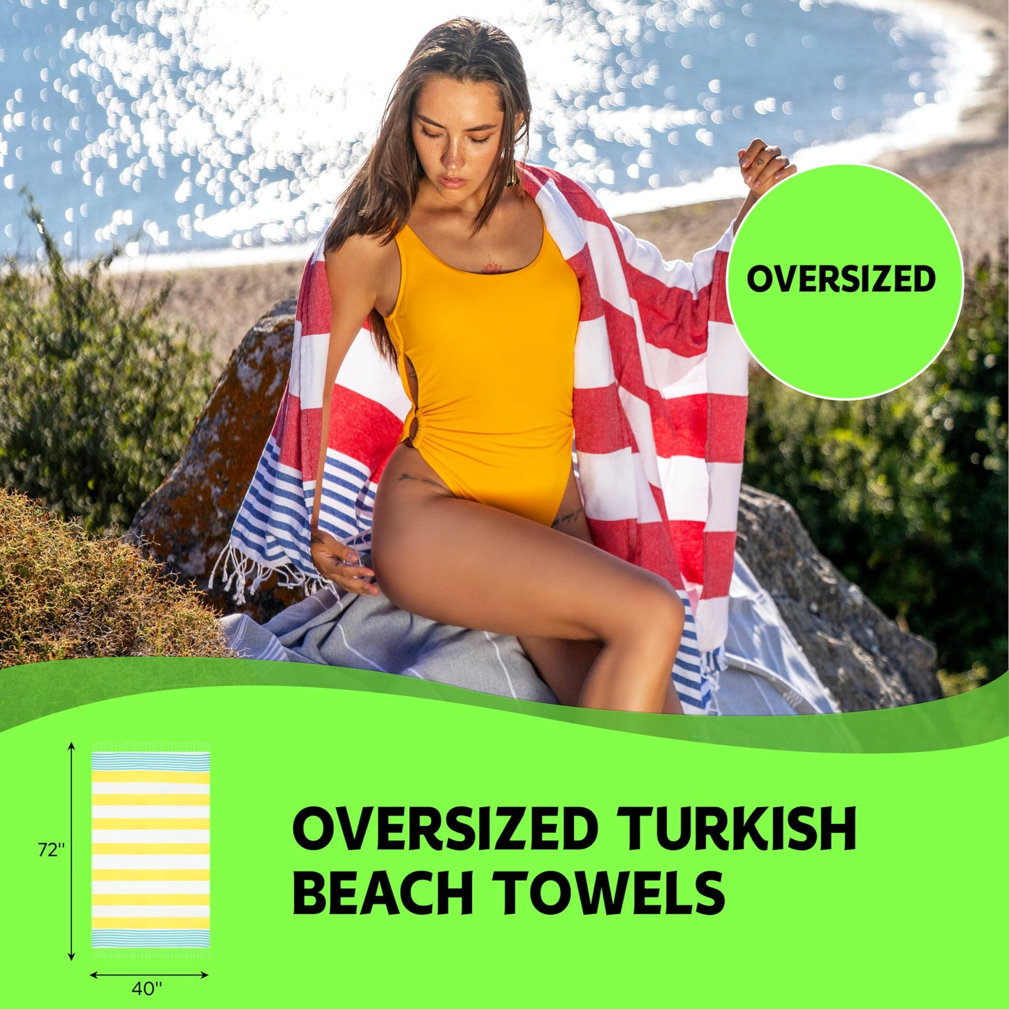 HAVLULAND 4-Pack Turkish Beach Towels – Oversized, Quick-Dry & Sand-Free | Lightweight, Absorbent Bath Towels for Travel, Pool, Vacation & Beach | 40” x 72” Bulk Set