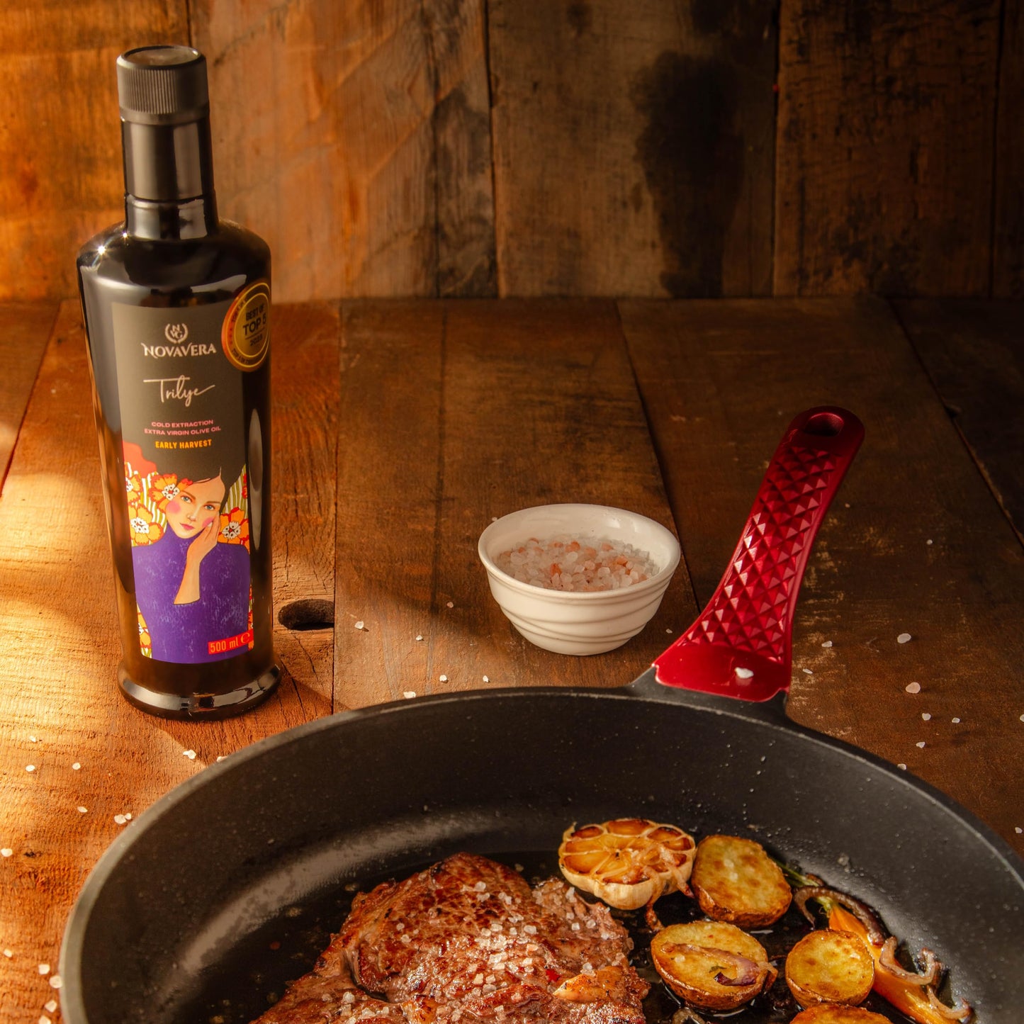 NVG NOVAVERA Trilye Polyphenol Rich Olive Oil, Medium, Pungency and Fruitiness With a Peppery Finish Extra Virgin Olive Oil, Evoo World Ranking Top 5, Low Acidity, Organic Agriculture , Early Harvest, Cold Pressed, 16.9 oz