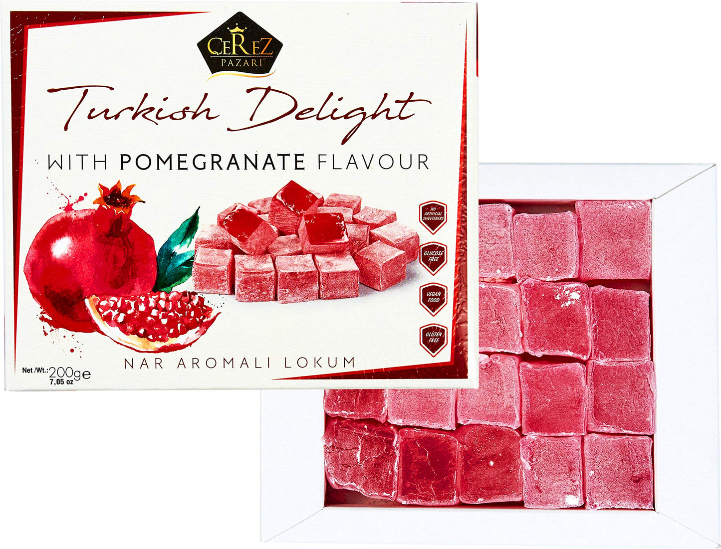 Cerez Pazari Turkish Delight with Pomegranate Flavour 200 gr Gourmet Small Size Snacks Gift Box No Nuts Sweet Luxury Traditional Confectionery Vegan Candy Dessert Glucose Free Lokum Approx.18 Pcs