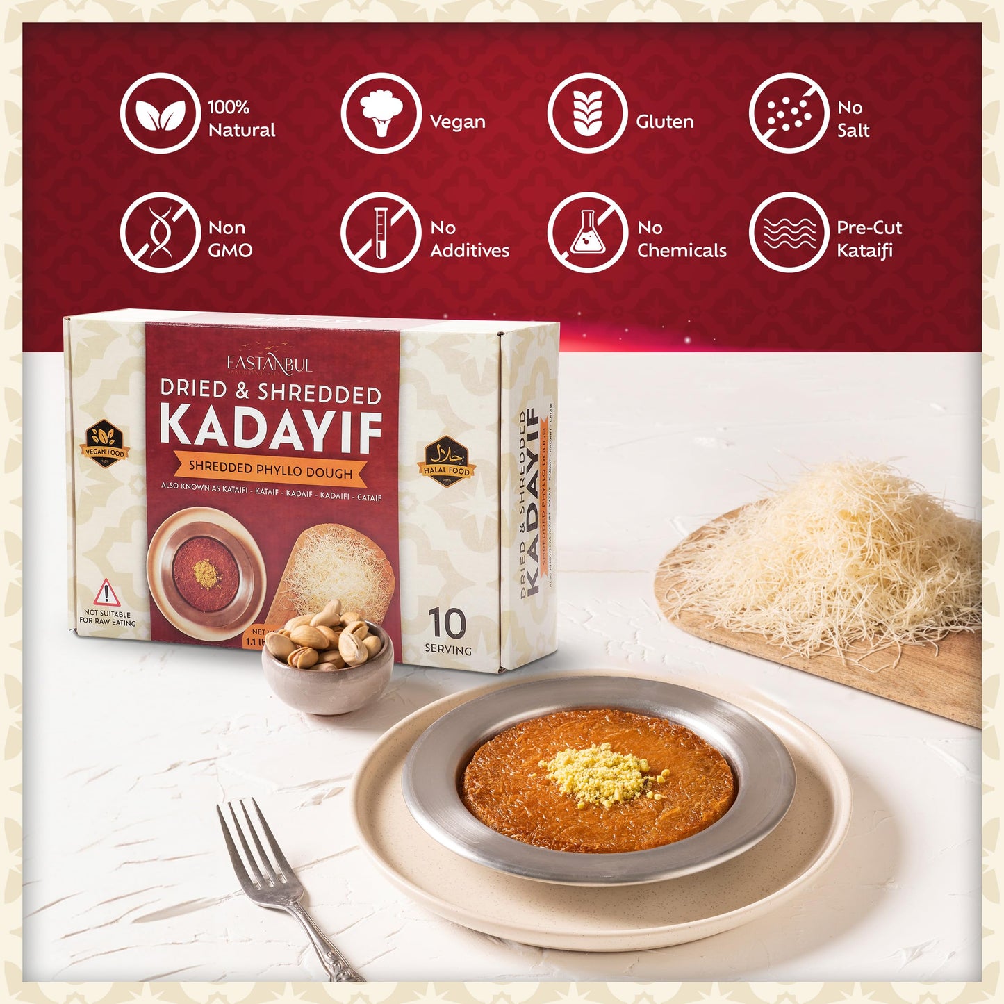 Eastanbul Dried & Chopped Kataifi Shredded Fillo Dough, Kurutulmus Kadayif Pastry Dough, Ingredient for The Viral Dubai Pistachio Chocolate Bar, Shredded Phyllo, Kunafa, Knafeh, Katifi, 500g (1.1lb)