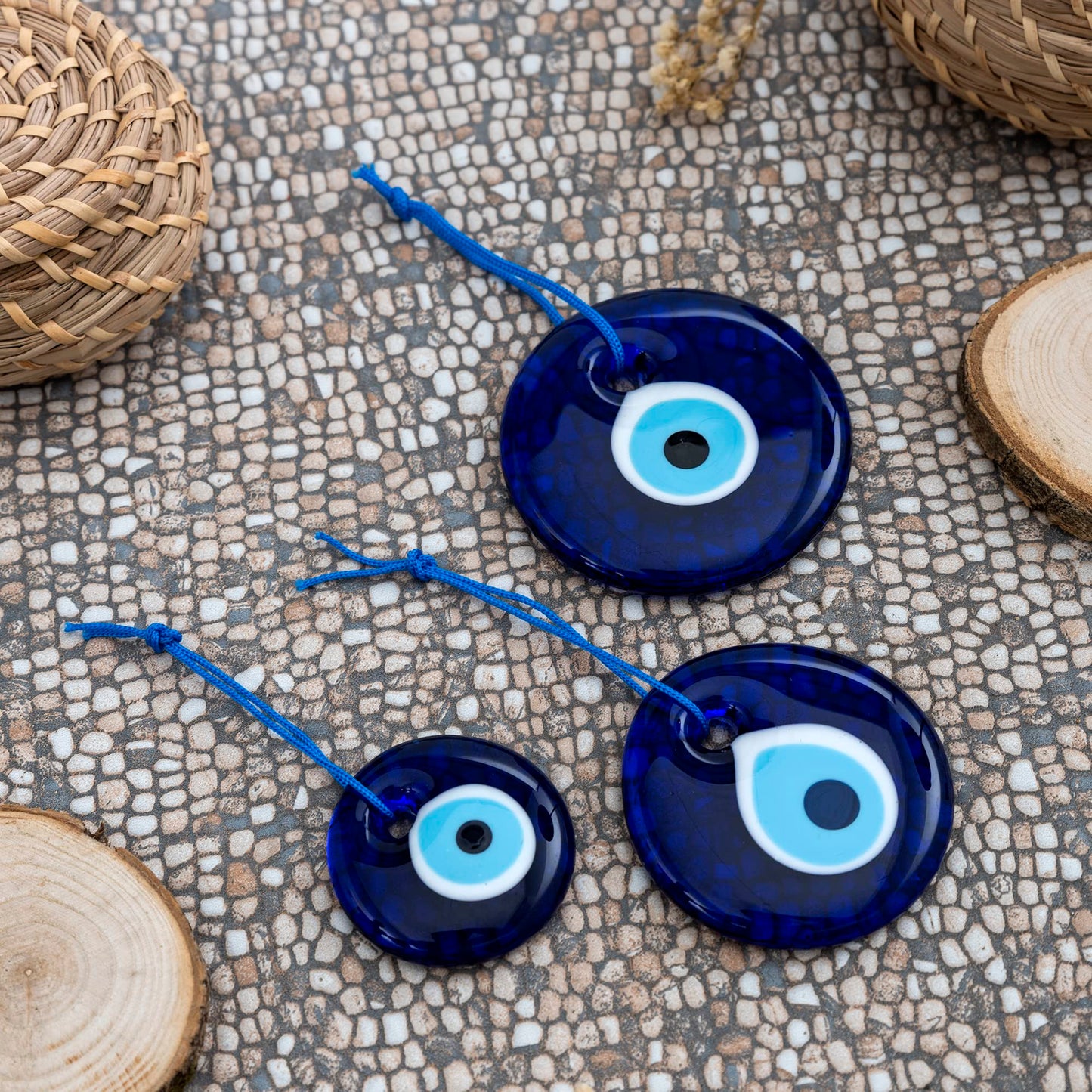 Erbulus Turkish Blue Evil Eye Wall Hanging Ornament - Turkish Nazar Beads - Ojo Turco - Triple Evil Eye Home Protection Charm Set of 3 - Wall Decor Amulet in a Box (Blue)