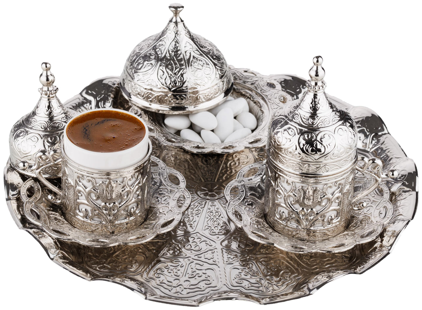 DEMMEX Turkish Greek Arabic Coffee Making and Serving Full Set with Cups, Saucers, Lids, Sugar Bowl, Tray and Antiqued Copper Coffee Pot, 12 Pcs (Silver)