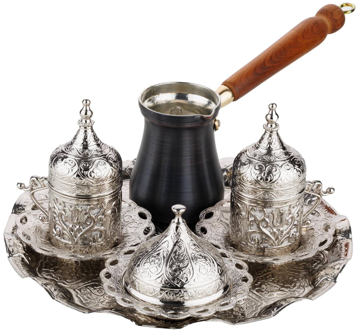 DEMMEX Turkish Greek Arabic Coffee Making and Serving Full Set with Cups, Saucers, Lids, Sugar Bowl, Tray and Antiqued Copper Coffee Pot, 12 Pcs (Silver)