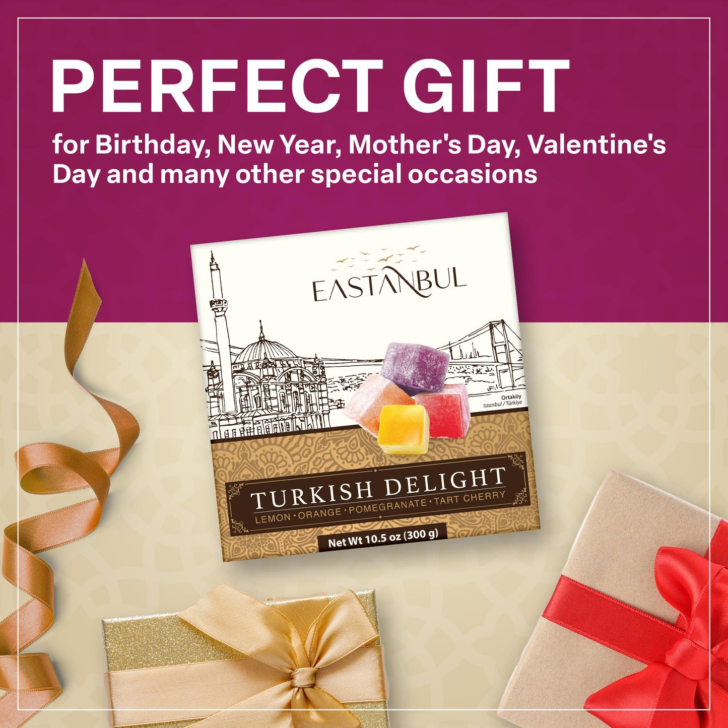 Eastanbul Turkish Delight Candy 10.5oz, 4 Flavors Pomegranate, Orange, Tart Cherry, & Lemon Turkish Delights Assorted, Foreign Candy of Turkish Lokum, Turkish Delight Plain, International Candy Box, Mother's Day Gift