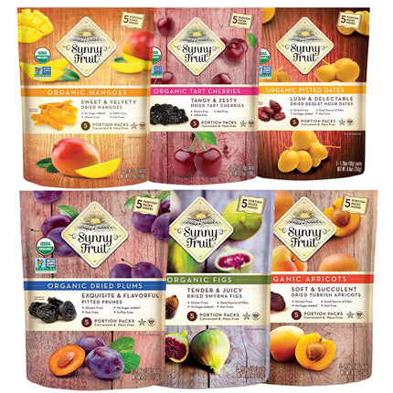 Sunny Fruit Organic Dried Fruit Assortment - Figs, Apricots, Dates, Mango, Cherries & Prunes Variety, 6 Bags (30 Individual Portion Packs) | NON-GMO, HALAL, KOSHER, NO PRESERVATIVES, NO SUGAR ADDED