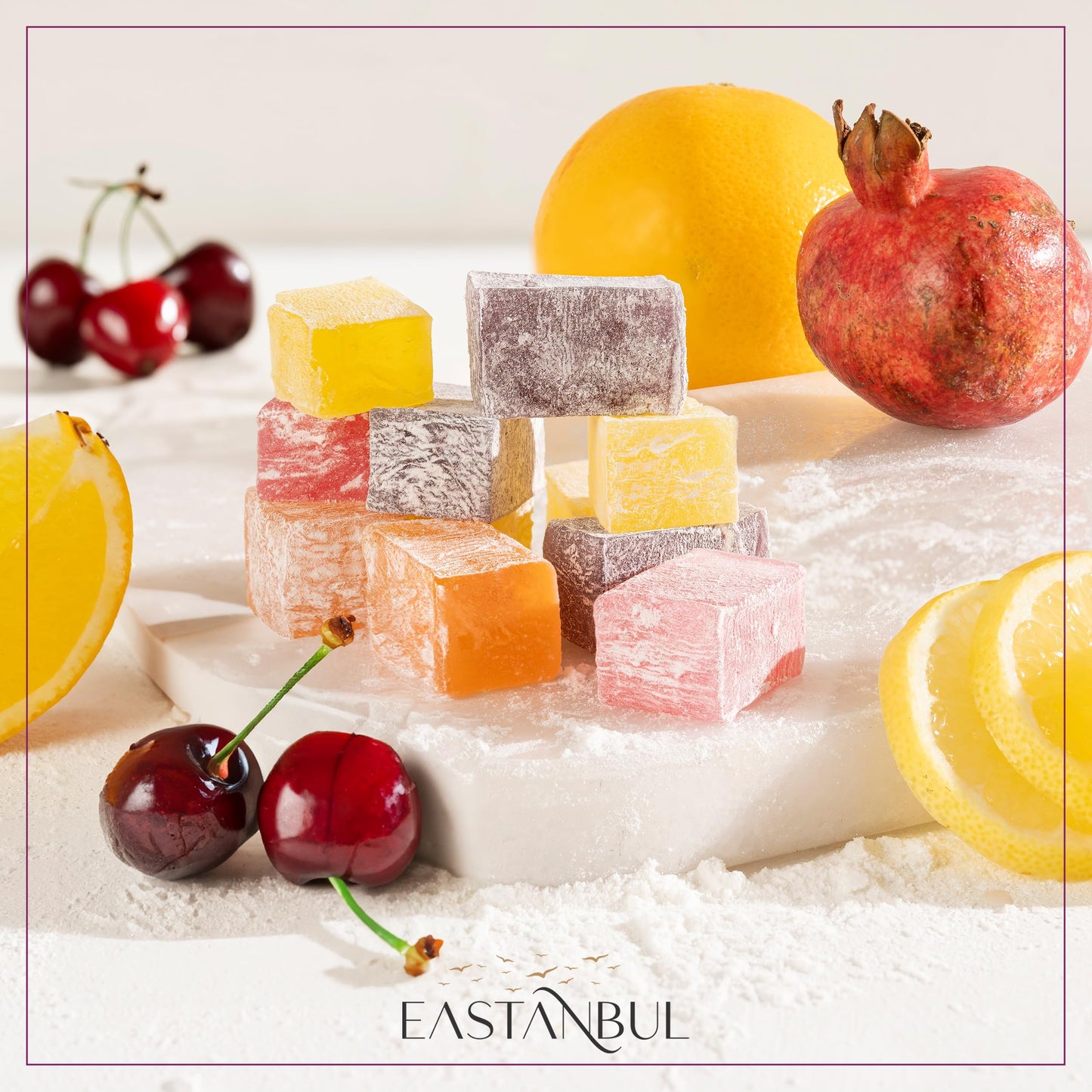 Eastanbul Turkish Delight Candy 21.2oz, 4 Flavors Pomegranate, Orange, Tart Cherry, & Lemon Turkish Delights Assorted, Foreign Candy of Turkish Lokum, Turkish Delight Plain, International Candy Box, Valentine's Day Gift