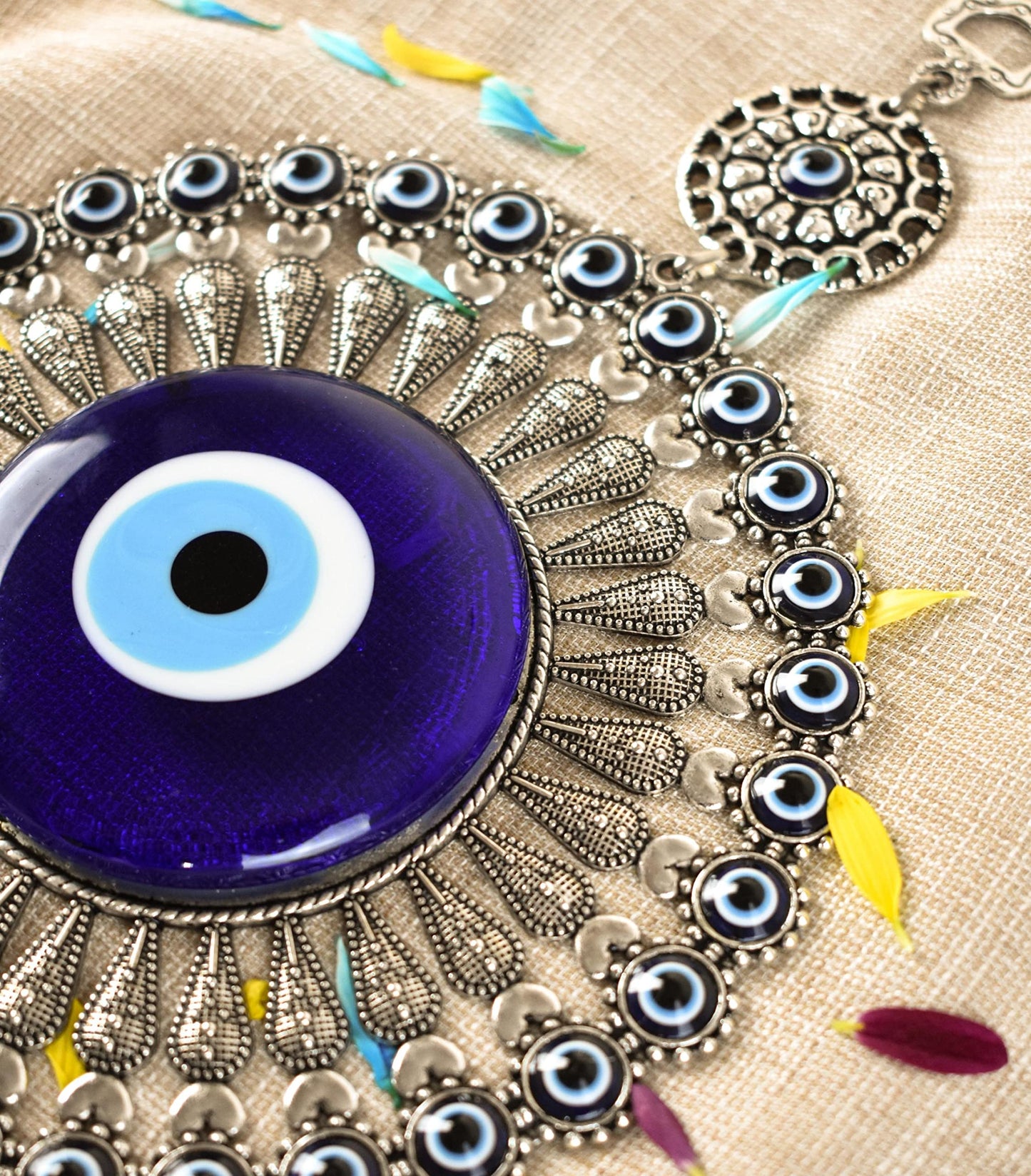 Erbulus Turkish Evil Eye Wall Hanging, Glass Ornament with Hearts, Nazar Bead, Bonus Hamsa Keychain - Home Protection Charm, Wall Decor Amulet