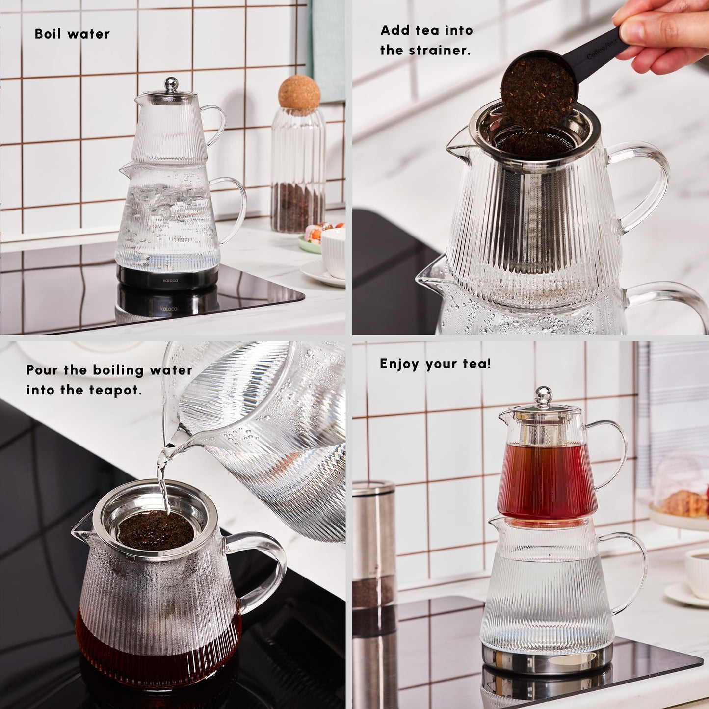 Karaca Keops Turkish Teapot with Infuser and Lid (450 ml Tea Pot & 1500 ml Induction Kettle) - Borosilicate Glass Teapot Set for Stovetops - Clear Tea Maker with 10-15 Cups Capacity