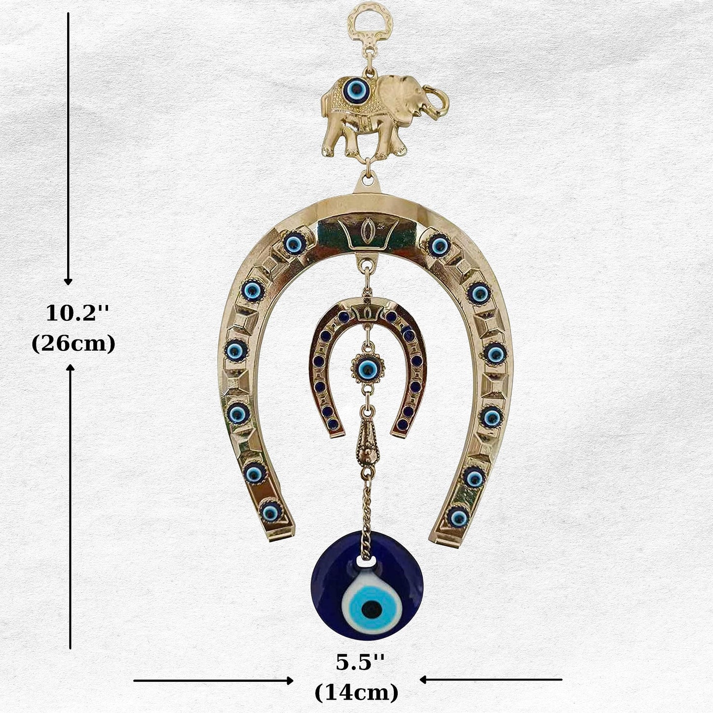 Erbulus Turkish Silver Horse Shoe Blue Evil Eye Wall Hanging Ornament with Elephant - Turkish Nazar Bead Amulet – Home Protection and Good Luck Charm Gift in a Box