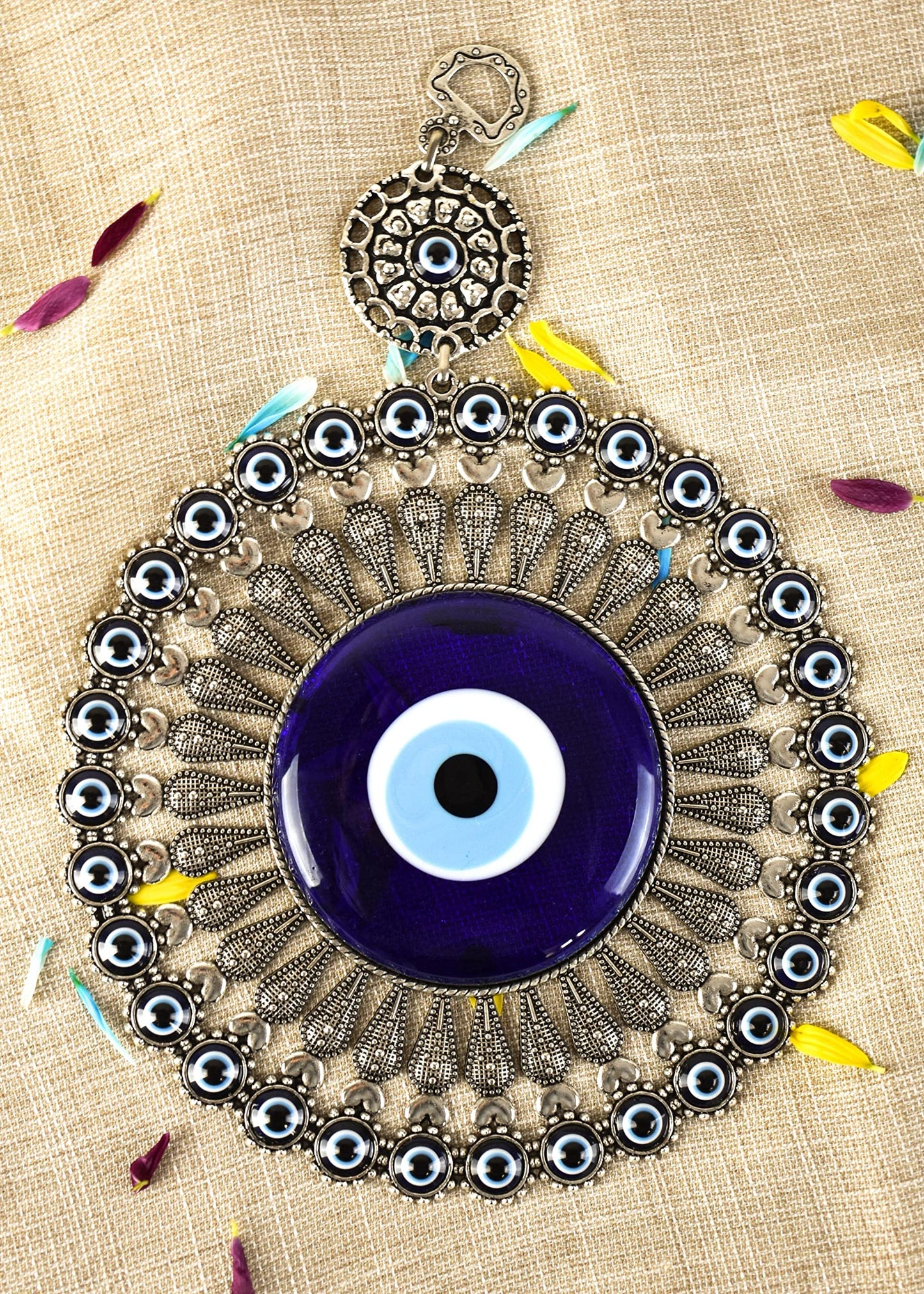 Erbulus Turkish Evil Eye Wall Hanging, Glass Ornament with Hearts, Nazar Bead, Bonus Hamsa Keychain - Home Protection Charm, Wall Decor Amulet