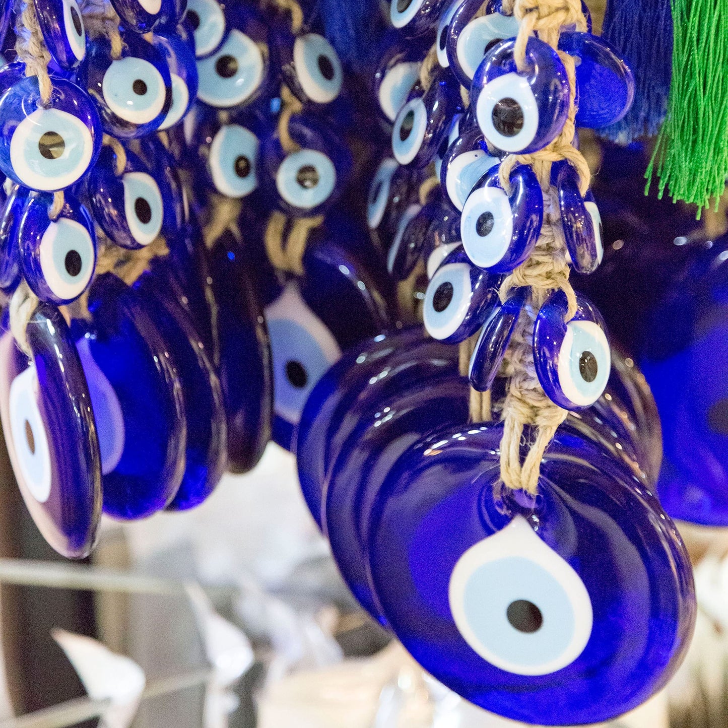 Erbulus 4" Glass Blue Evil Eye Wall Hanging Ornament with 6 Mini Beads - Turkish Handmade Nazar Amulet - Door Hanging for Home Protection Charm - Evil Eye Wall Decor Amulet in a Box
