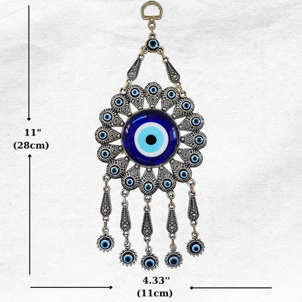 Erbulus Turkish Glass Blue Evil Eye Wall Hanging Ornament with Flower Design - Metal Home Decor - Turkish Nazar Bead Amulet - Protection and Good Luck Charm Gift in a Box