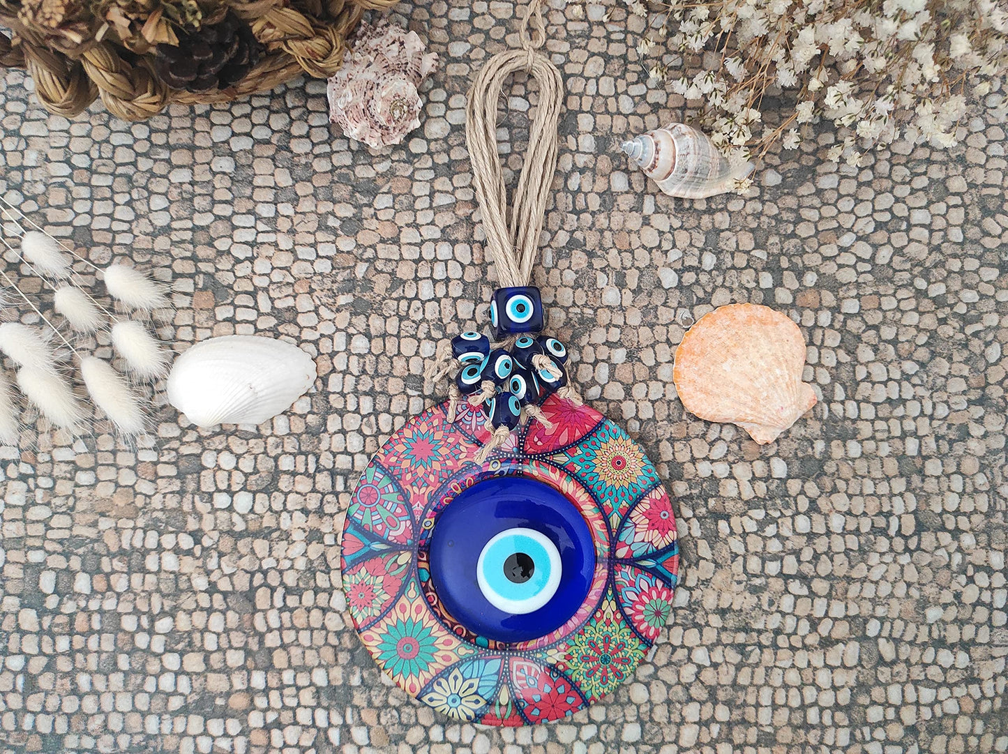 Erbulus Evil Eye Decor Mandala Wall Hanging - 5.1" Wooden Circle - Turkish Nazar Amulet - Evil Eye Protection Charm - Wall Art Amulet in a Box