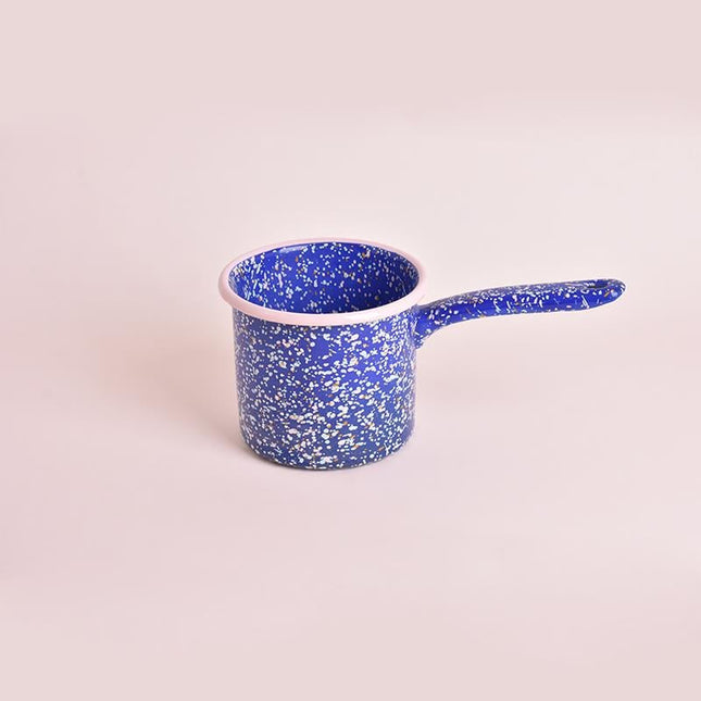 Enameled Metal Handle Milk Jug with Blue Sprinkle Pattern