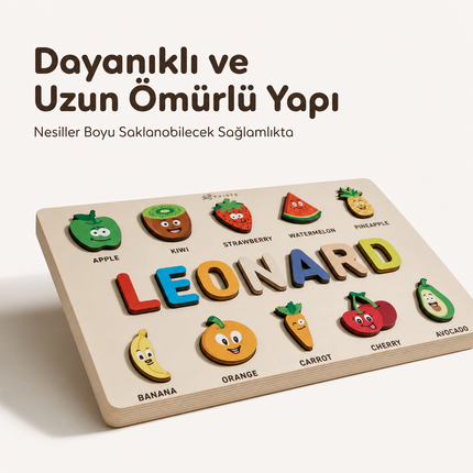 Kişiye Özel İsimli Ahşap Meyveler Puzzle – Eğitici Yapboz