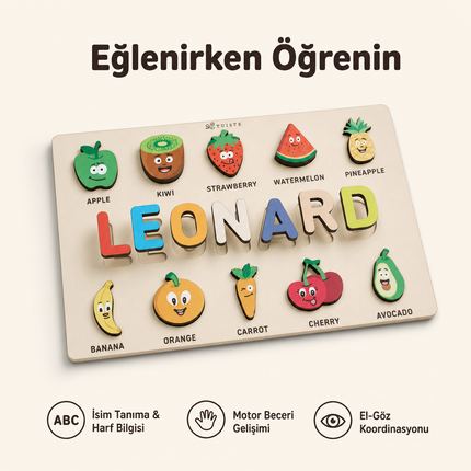 Kişiye Özel İsimli Ahşap Meyveler Puzzle – Eğitici Yapboz